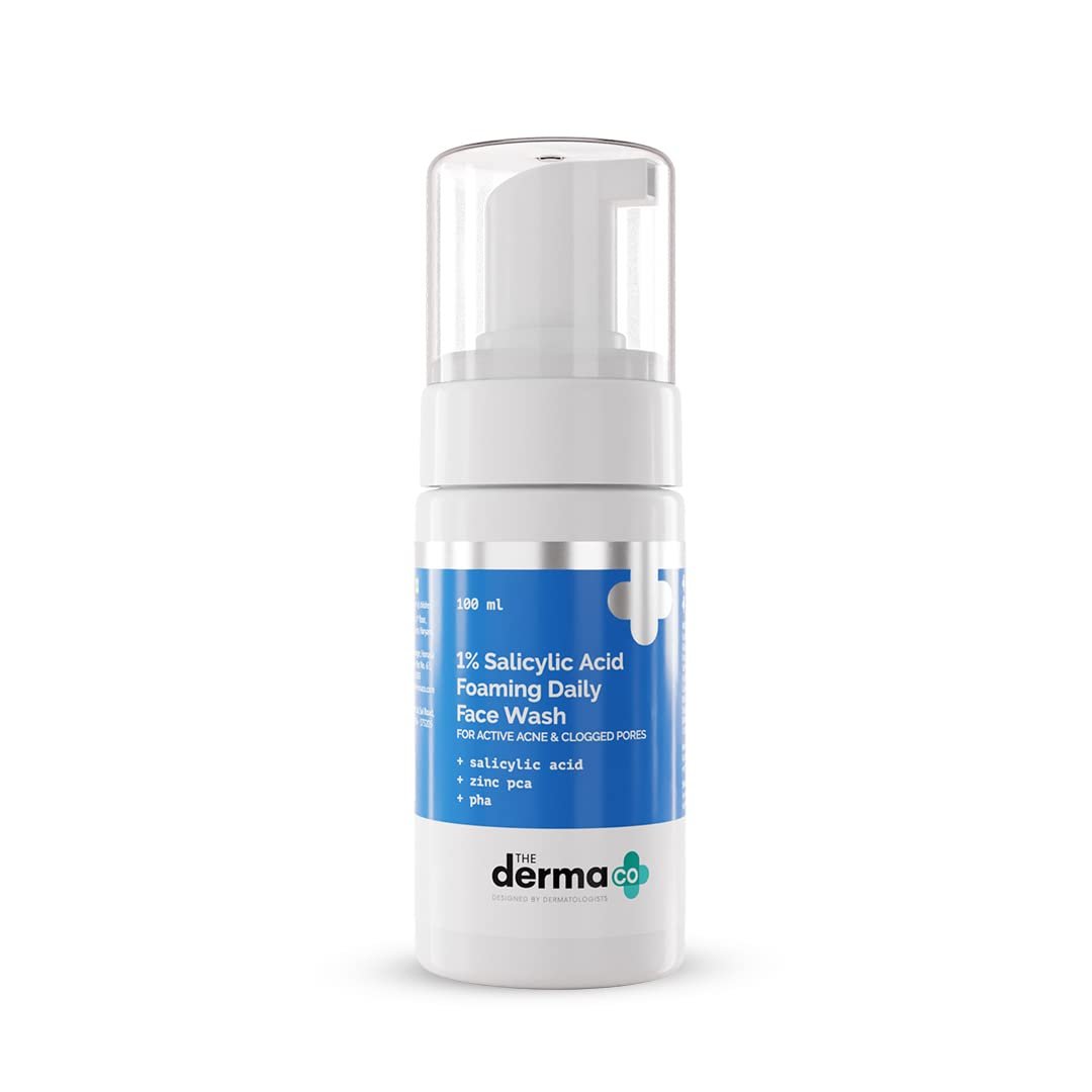 The Derma Co 1% Salicylic Acid Foaming Daily Face Wash with Salicylic Acid, Zinc PCA & PHA for Active Acne & clogged Pores – 100 ml Reduces Acne Unclogs Pores