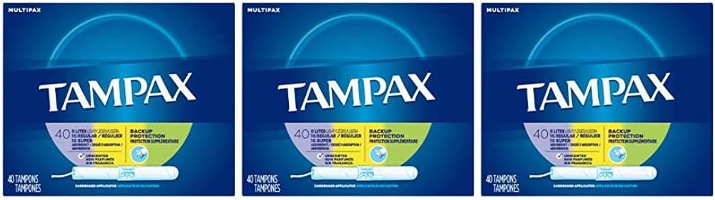 Tampax Cardboard Applicator Tampons, Multipack, Light/Regular/Super Absorbency, Unscented, 40 count – Pack of 3 (120 Total Count)