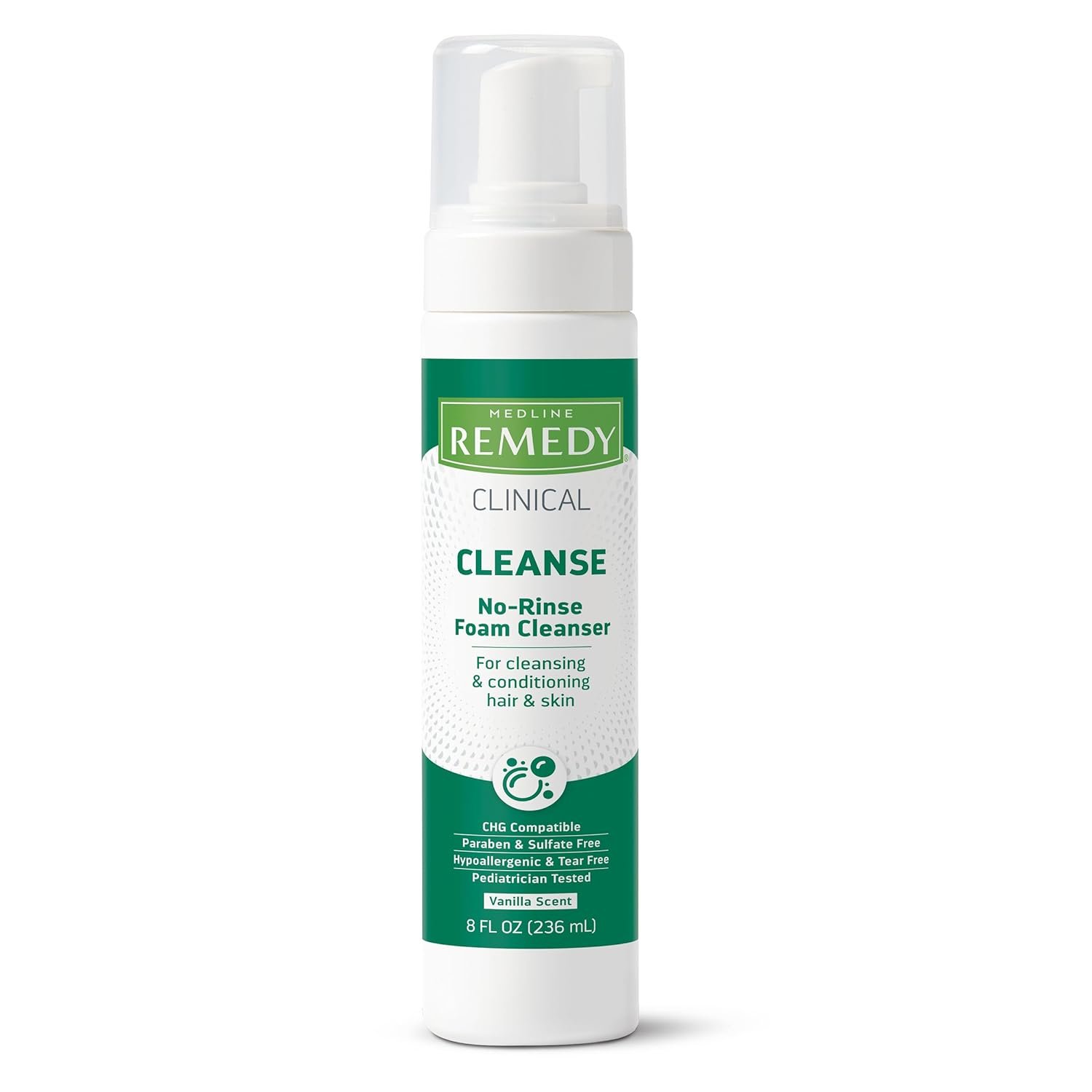 Medline Remedy Clinical No-Rinse Foam Cleanser, Vanilla Scent (8 fl oz), No Rinse Shampoo and Body Cleanser for Sensitive Skin, Hydrating, Paraben and Sulfate Free, For Face, Body, and Hair, All Ages