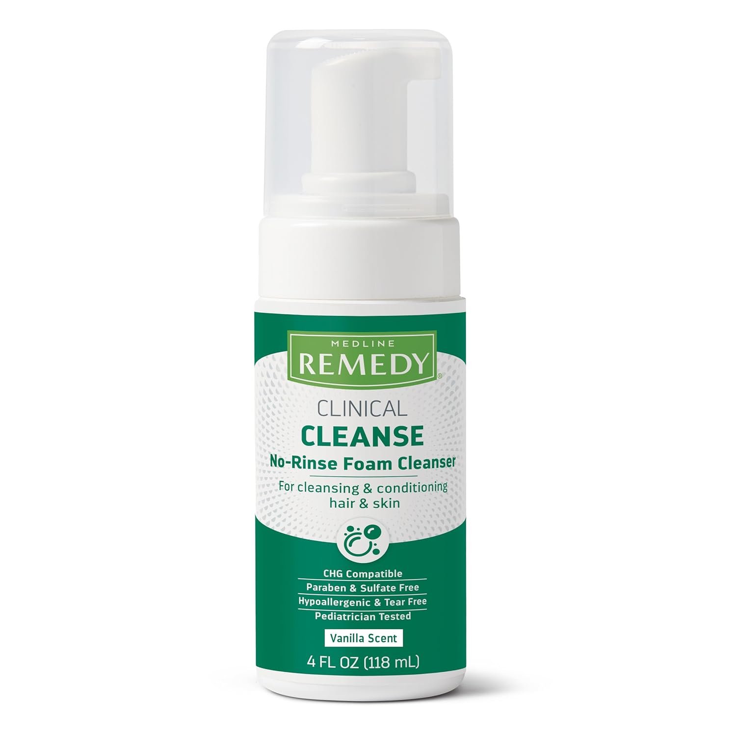 Medline Remedy Clinical No-Rinse Foam Cleanser, Vanilla Scent (4 fl oz) – Hydrating Shampoo and Body Wash for Sensitive Skin, Paraben and Sulfate Free, For Face, Hair, and All Ages