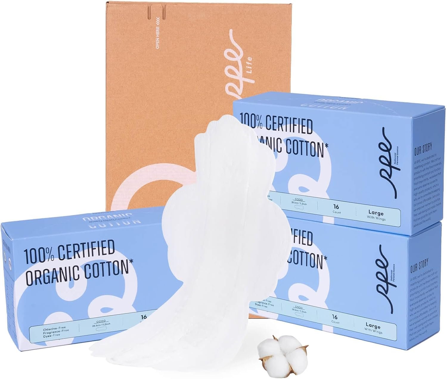 100% Large Organic Pads for Women, Ultra Thin Heavy Flow Sanitary Napkins with Wings, Unscented Cotton Pads, Super Absorbency Feminine Extra Coverage Menstrual Period Pad (Large, Size 4, 48ct)