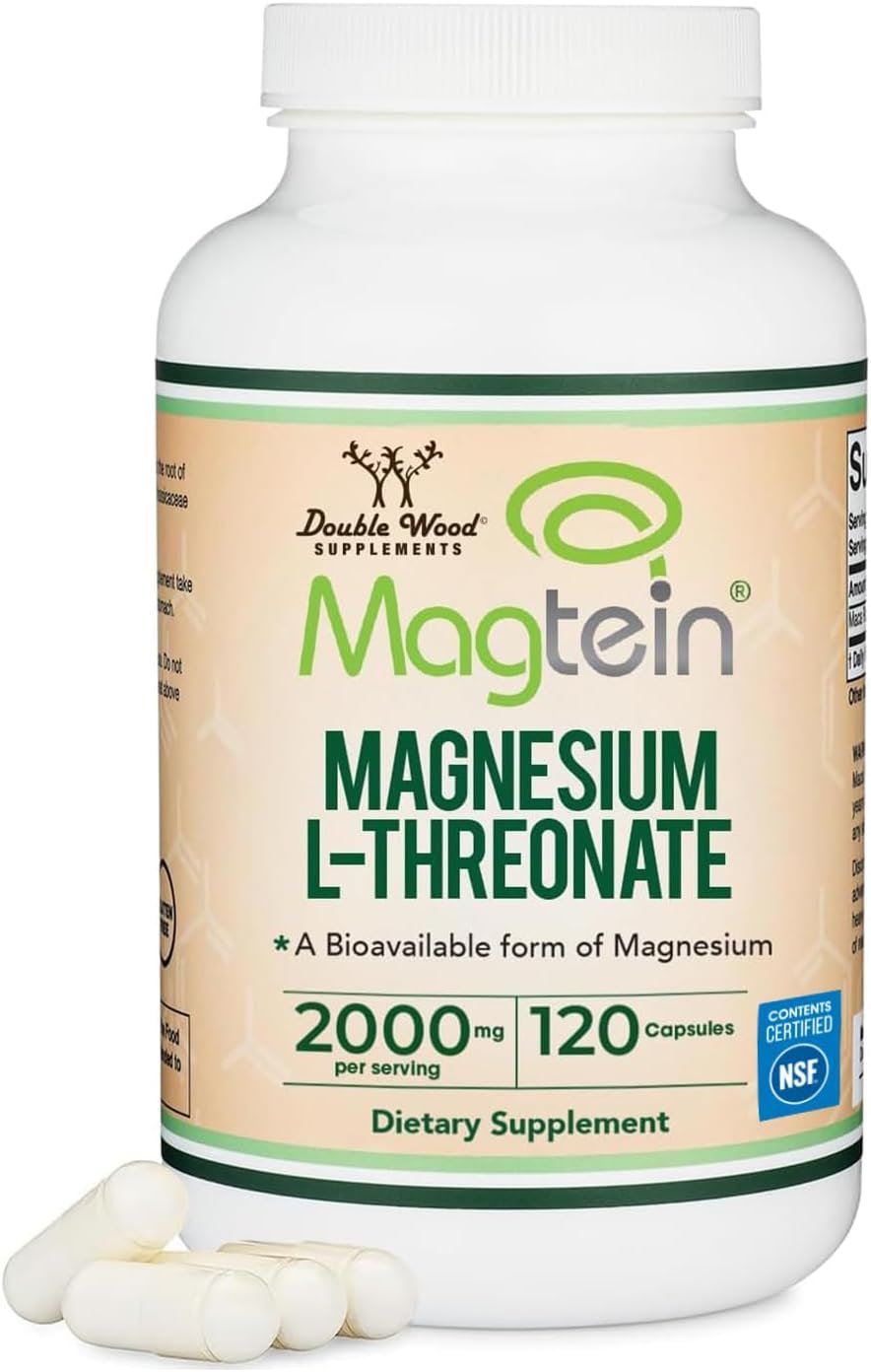 Magnesium L Threonate, Magtein – NSF Certified – Sleep and Cognitive Support – High Absorption – Most Bioavailable Form of Magnesium – 2,000 mg – 120 Capsules