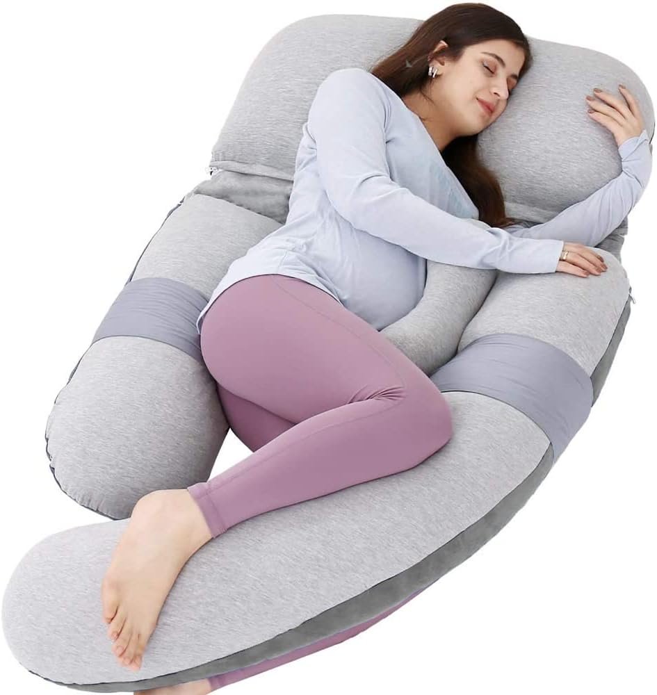60in Full Body Pillow | Nursing, Maternity and Pregnancy Pillow | Extra Large U Shape Pillows with Detachable Side, Separate Support Pillow and Removable Cover (Velvet and Jersey Grey)