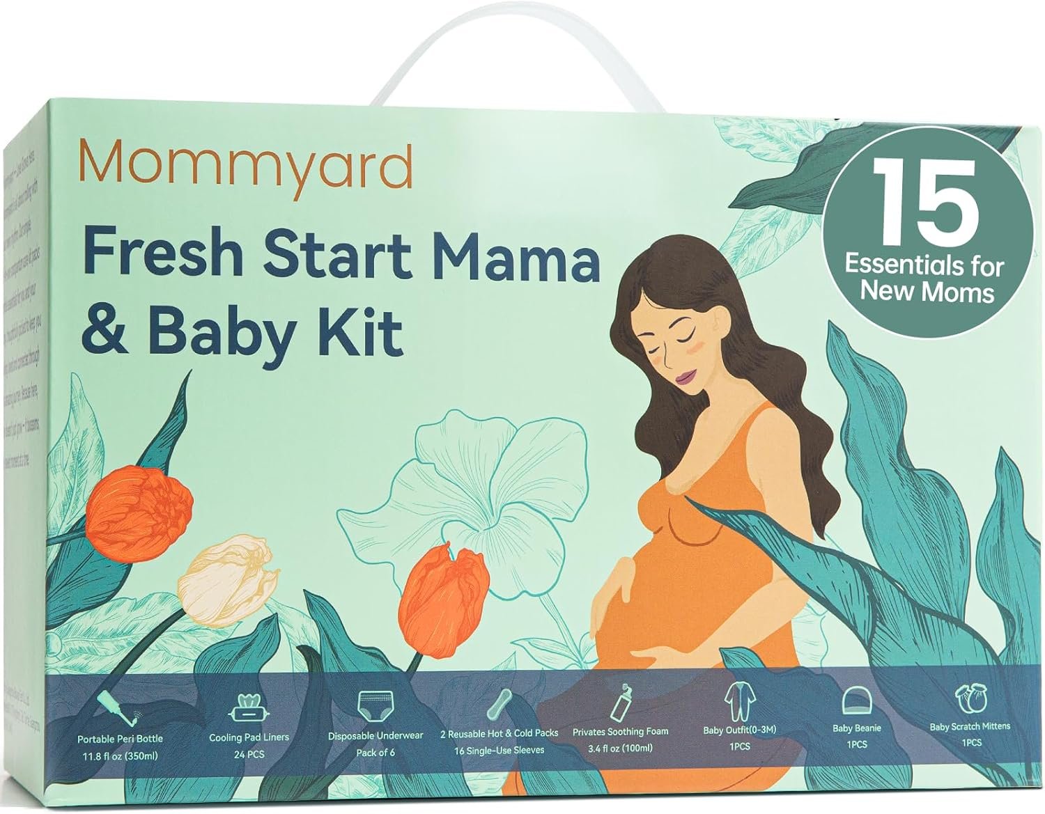 Postpartum Essentials Kit for Mom & Baby, Postpartum Care for Labor & Delivery, Peri Bottle, Cooling Spray, Disposable Underwears, Postpartum Pads, Hot&Cold Packs, Soothing Liners, Baby Outfits Set