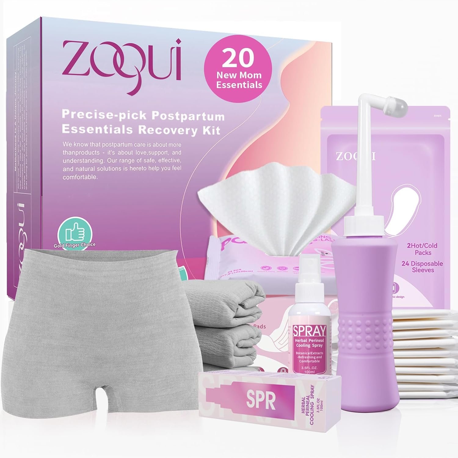 20 Pcs Mom Postpartum Essentials Recovery Kit, Hospital Bag Must Haves for New Mom, Postpartum Pads, Peri Bottle, Cooling Spray, Perineal Soothing Liners, Disposable Underwear, Hot&Cold Packs(Set)