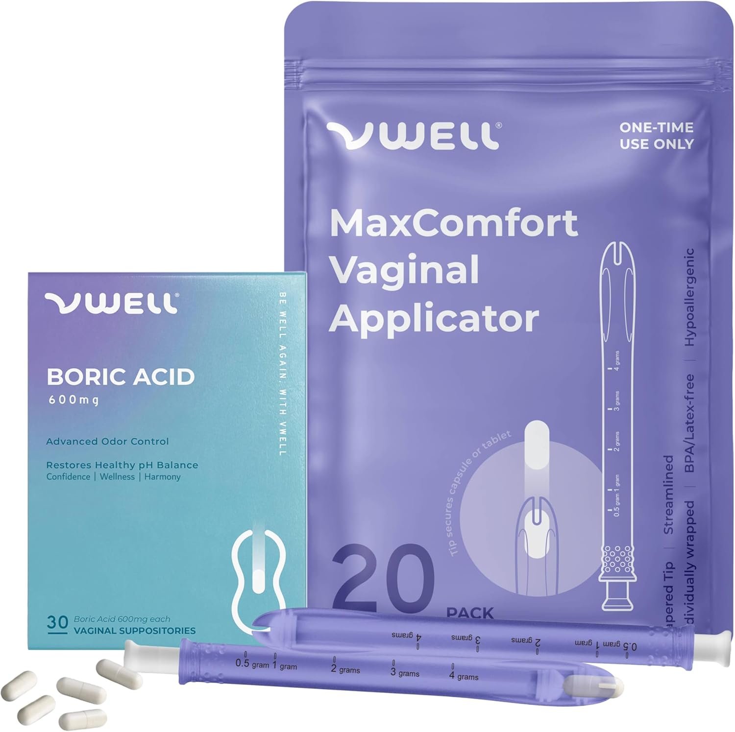 VWELL Boric Acid Vaginal Suppositories 600mg w/MaxComfort Applicator Bundle – Feminine Care – Odor Itch Burning Irritation – Doctors Recommended for Women (One Size, 20, Count)