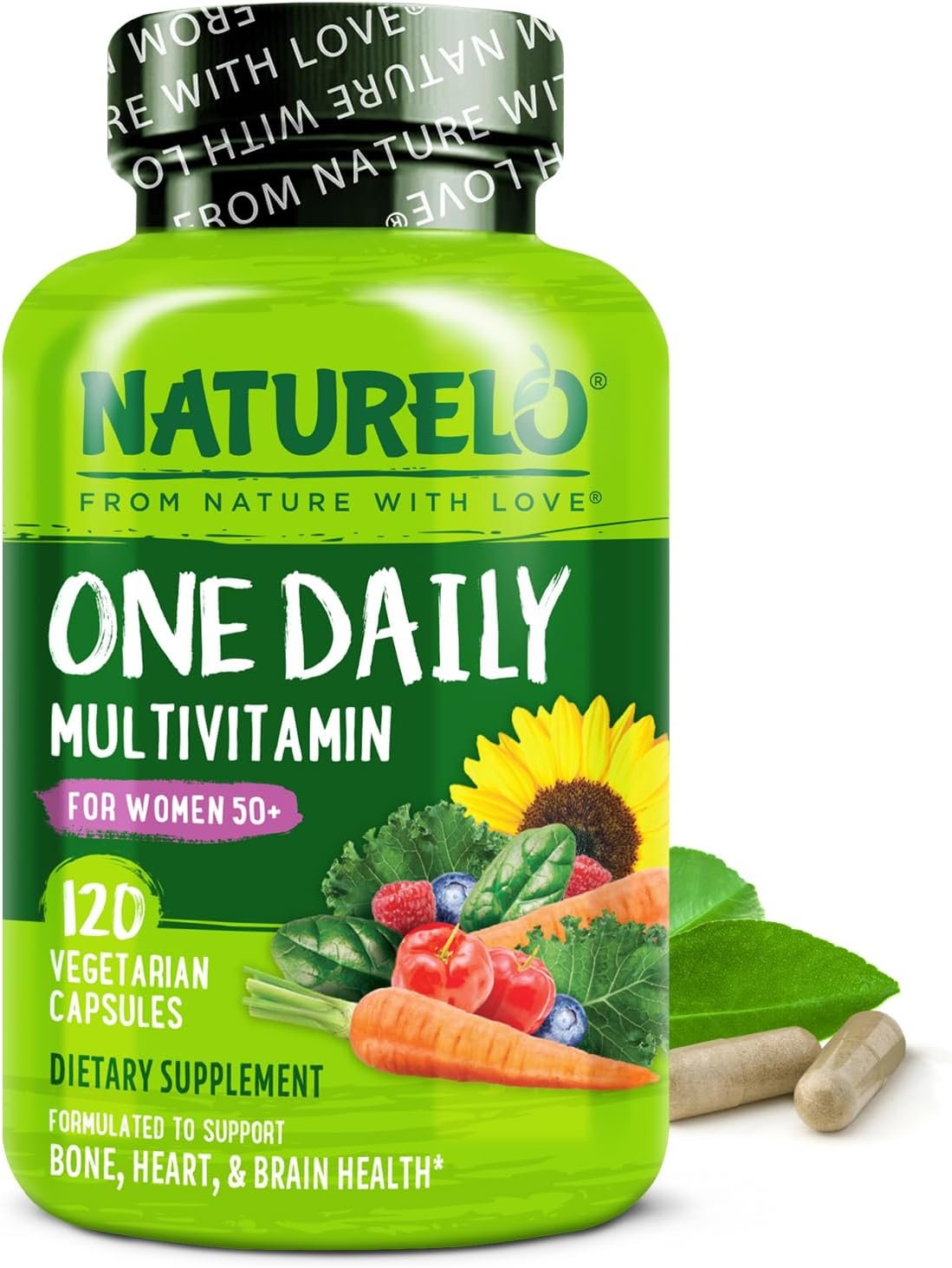 NATURELO One Daily Multivitamin for Women 50+ (Iron Free) – Menopause Support for Women Over 50 – Whole Food Supplement – Non-GMO – No Soy – 120 Capsules – 4 Month Supply