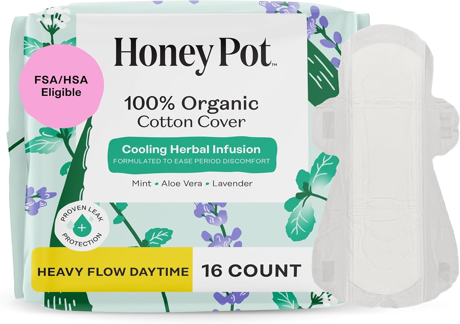 The Honey Pot Company – Herbal Sanitary Pads for Women – Heavy Flow w/Wings – Infused w/Essential Oils for Cooling Effect & Organic Cotton Cover – Feminine Care – 16 ct