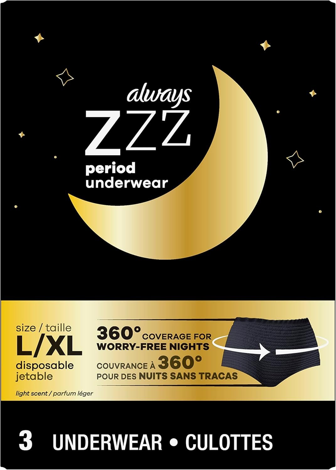 Always ZZZs Overnight Disposable Period Underwear for Women, Size L, Black Period Panties, Leakproof, 3 Count