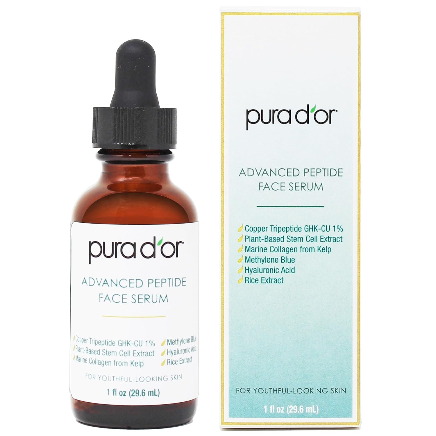 PURA D’OR Advanced Peptide Face Serum – Copper Tripeptide, Plant-Based Stem Cell Extract, Marine Collagen from Kelp, Hyaluronic Acid & Methylene Blue – Anti-Aging Serum for Youthful-Looking Skin, 1 Oz