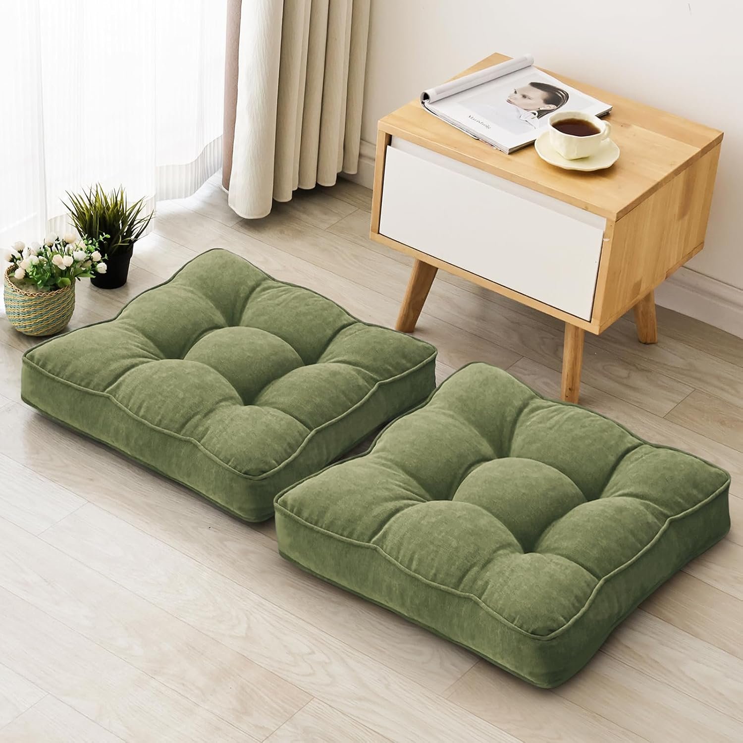 1 MIDDLE ONE Floor Pillow Set of 2, Memory Foam Floor Cushions for Adults, Large Meditation Pillow for Sitting, 22 x 22 Inches (Square | Green)