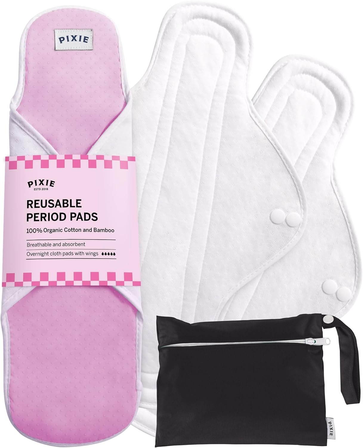 Pixie Cotton Cloth Pads for Feminine Care – 100% Organic Reusable Pads – Ranked 1 for Softest Menstrual Sanitary Napkins – Machine Washable & Includes Free Wet Bag – Menstrual Liner (Overnight)