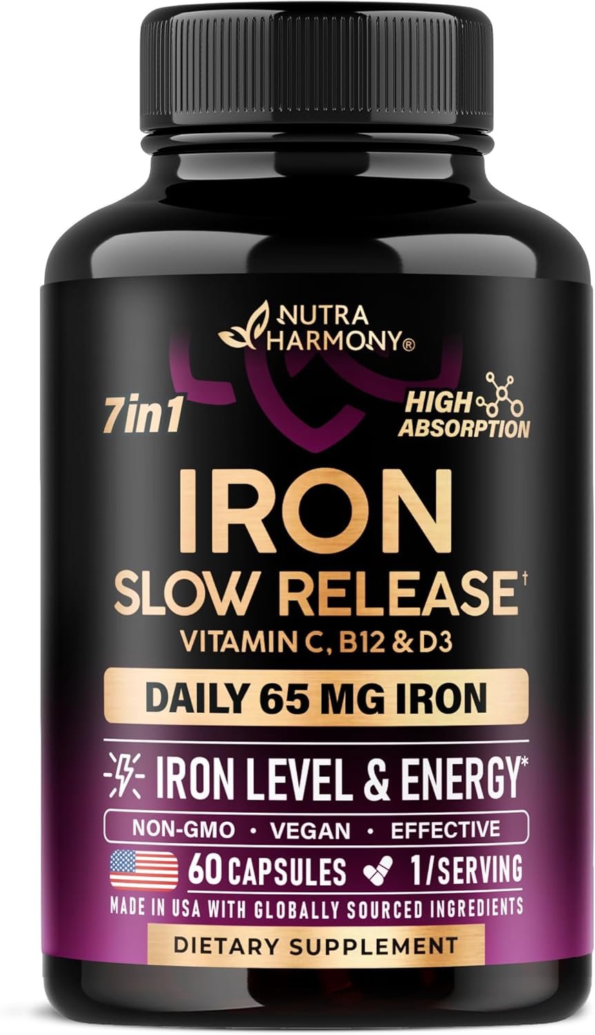 Iron Supplement for Women – Iron 65mg (Ferrous Sulfate 325mg) – Stomach Friendly | Slow Release | High Absorption – Vitamins C, D3, B6, B12 & Folate – Energy Support – 60 Capsules, 2 Month Supply