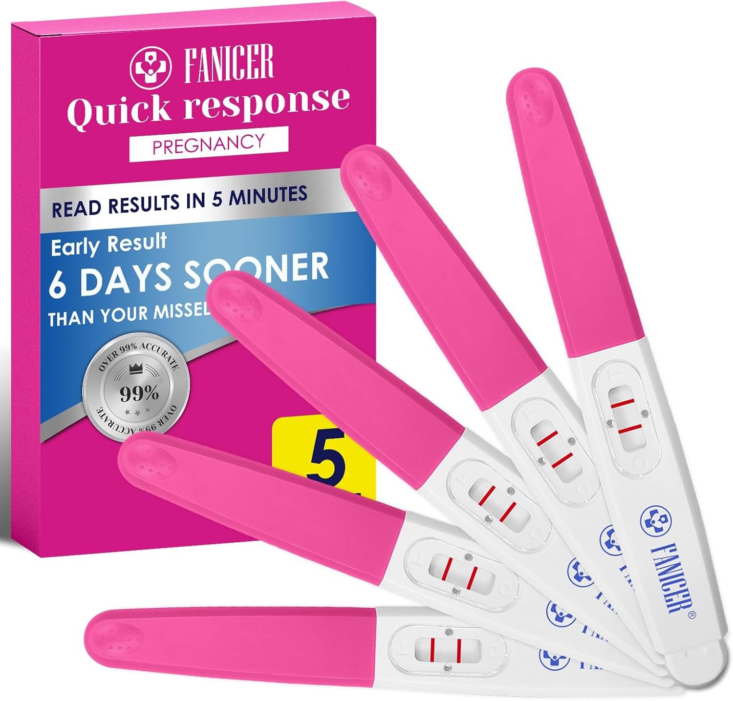 5 Count Early Detection Pregnancy Tests, Pregnancy Test Kit, Accurate Early HCG Detection for Women, Quick and Easy to Use, Easy at-Home Pregnancy Tests, Individually Packed（Rose red）