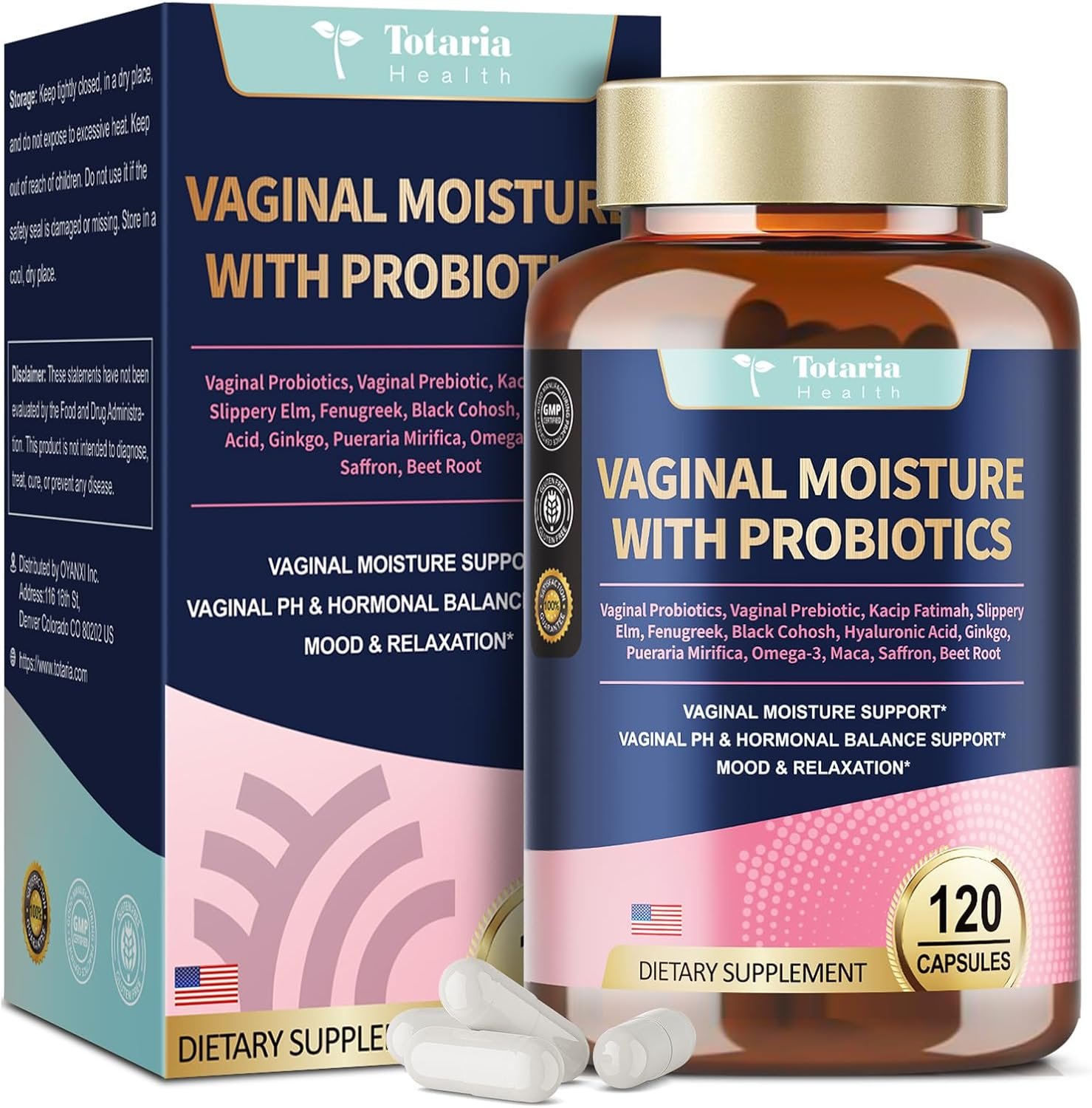 Vaginal Probiotics for Women Vaginal Moisturizer, pH, Odor, Flora, Hormones, Comfort, Mood & Relaxation, 30-in-1 Vaginal Moisture Plus with Slippery Elm Bark, Hyaluronic Acid, Fenugreek – 120 Caps