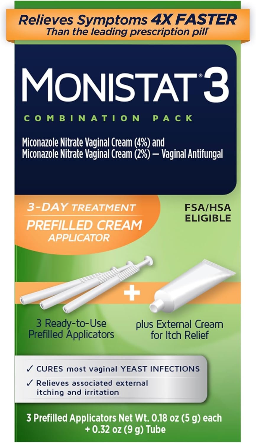 Monistat 3-Day Yeast Infection Treatment for Women, 3 Pre-Filled Miconazole Cream Applicators & External Itch Relief Anti-Itch Cream (9g Tube) Combo Pack, Regular Strength