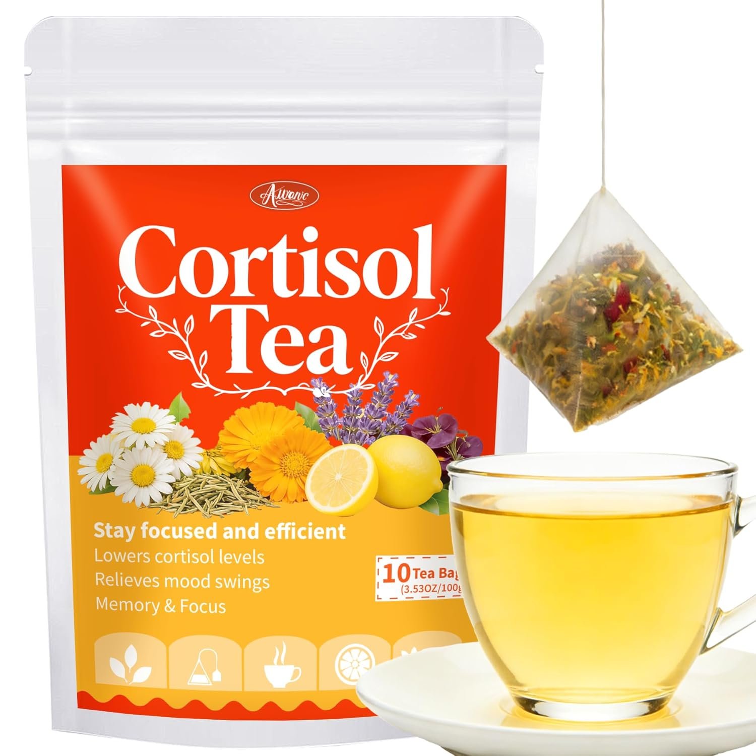 Auranic Natural Cortisol Reducing Tea for Sleep Time Relaxation, Loose Leaf Herbal Teabags Stress Reducer Manager with Ashwagandham, Chamomile & Lavender, Men and Women Mood Swing, Mental Clarity