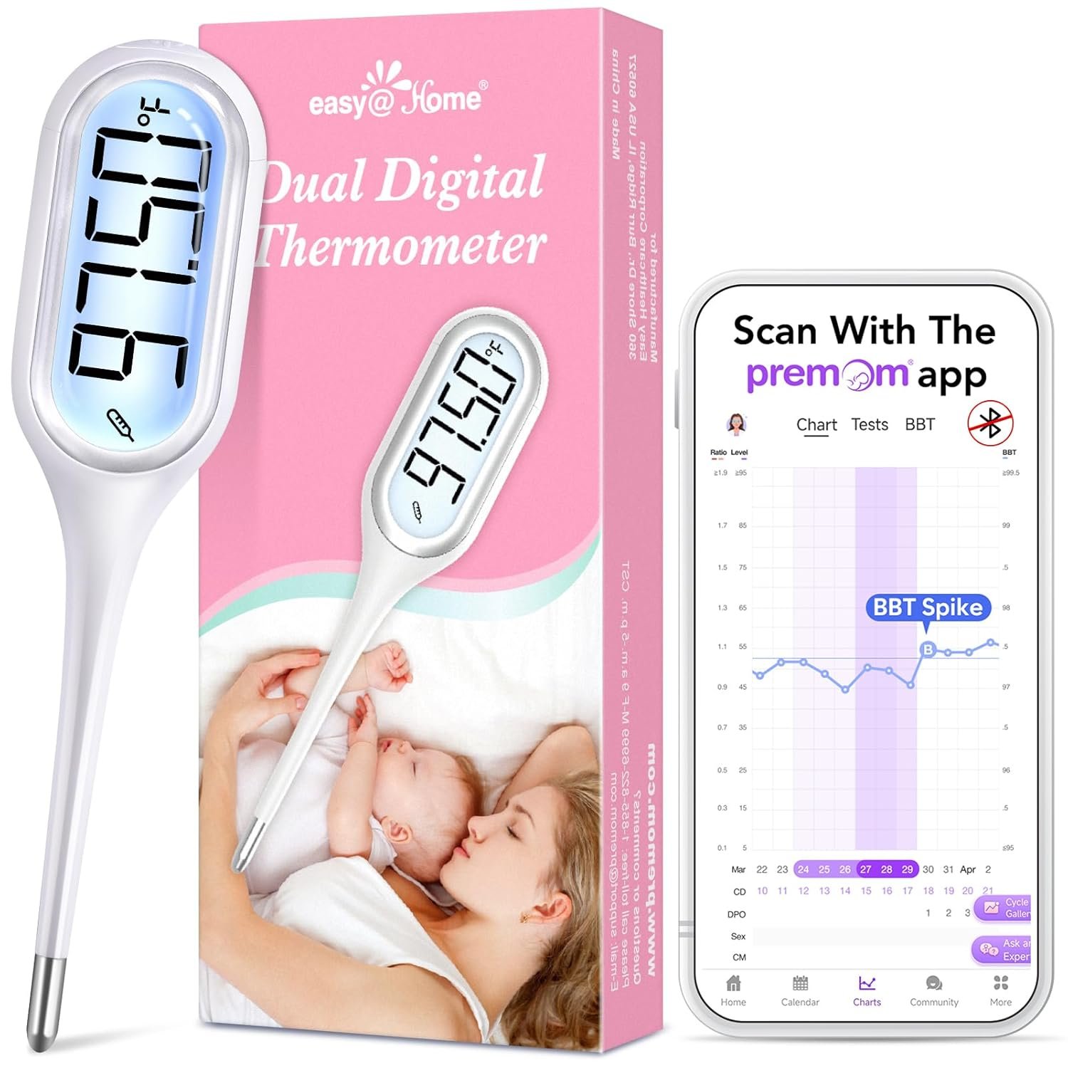 Easy@Home Basal Thermometer for Ovulation Tracking: 1/100th Degree Precision, Dual Mode – Accurate BBT & Fast Read for Fever | 30 Memory Recall, Premom App OCR Scan | EBT-013
