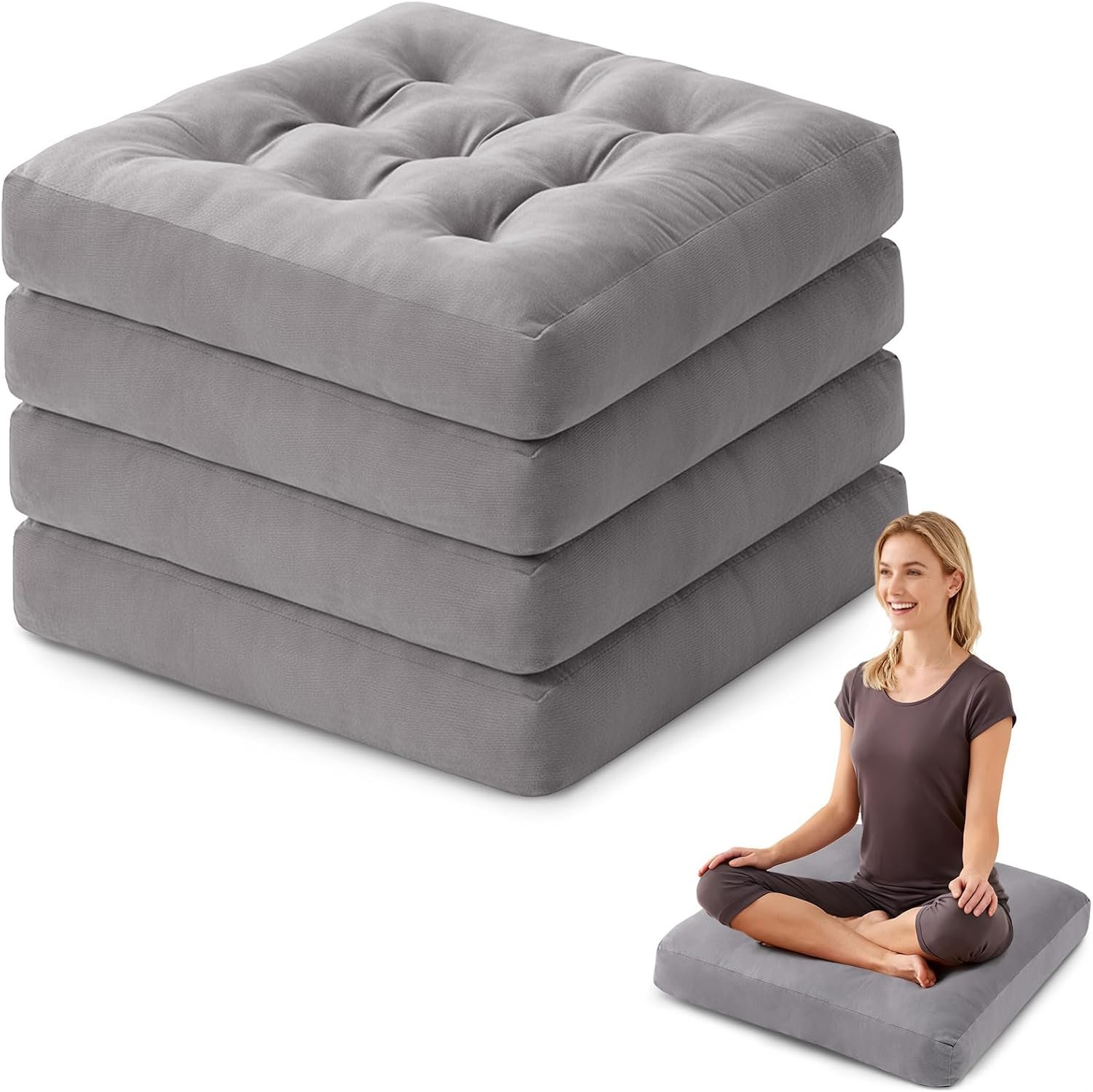 Meditation Floor Pillow Set of 4, Square Large Pillows Seating for Adults, Meditation Cushion Pillow,Tufted Corduroy Cushion for Tatami Living Room or Yoga, Light Gray, 22×22 Inch