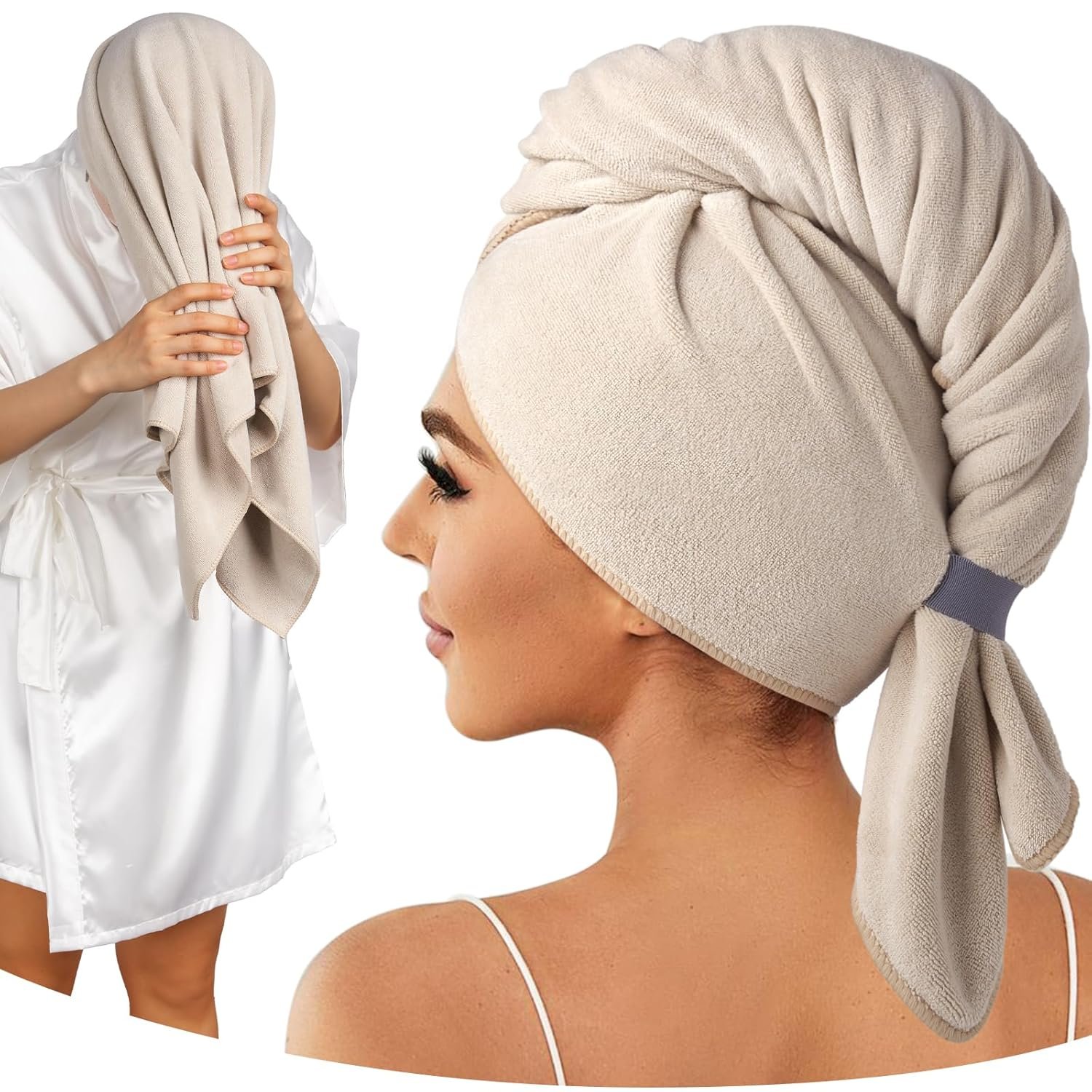 Umisleep 100% Microfiber Hair Towel, 41″ x 22″ Super Absorbent Towel Wrap with Elastic Loop, Large Curly Hair Towel for Women Long, Thick Hair, Camel
