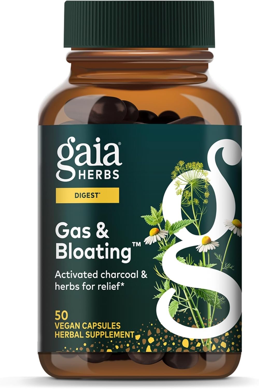 Gaia Herbs Gas & Bloating – Provides Relief from Occasional Gas & Bloating* – with Activated Charcoal, Fennel & Chamomile – 50 Vegan Capsules (25 Servings)
