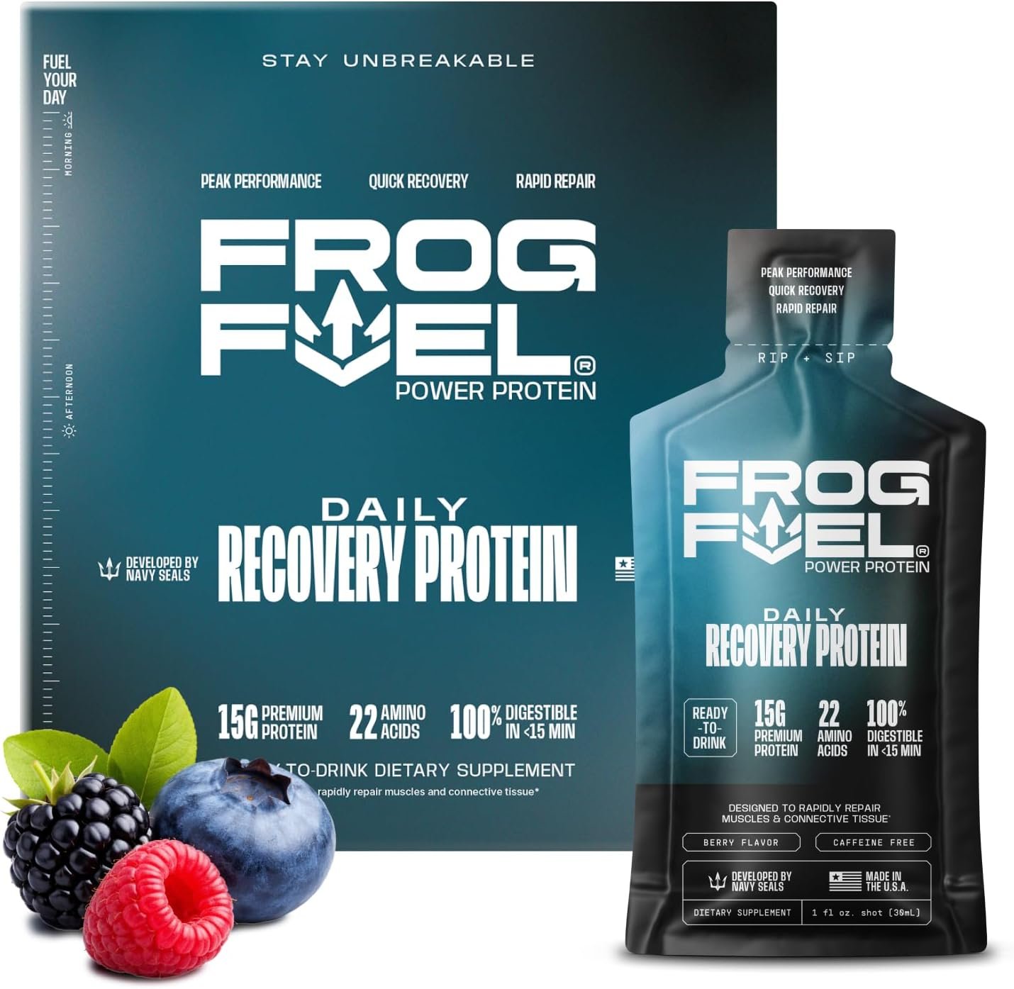 Frog Fuel Power Regular Complete Liquid Protein Shot, 15g, Nano Hydrolyzed & Grass Fed Collagen, Post Workout, Gluten Free, Fat & Sugar Free, 22 Amino Acids, 0 Carbs, Berry, 24 Pack