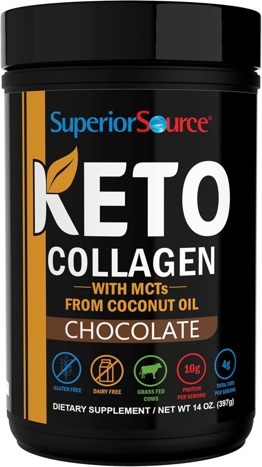 Superior Source Keto Collagen – Collagen Protein Powder with MCT Oil – Supports Hair, Skin, Nails & Joint Health – Dairy-Free – Chocolate, 14 oz