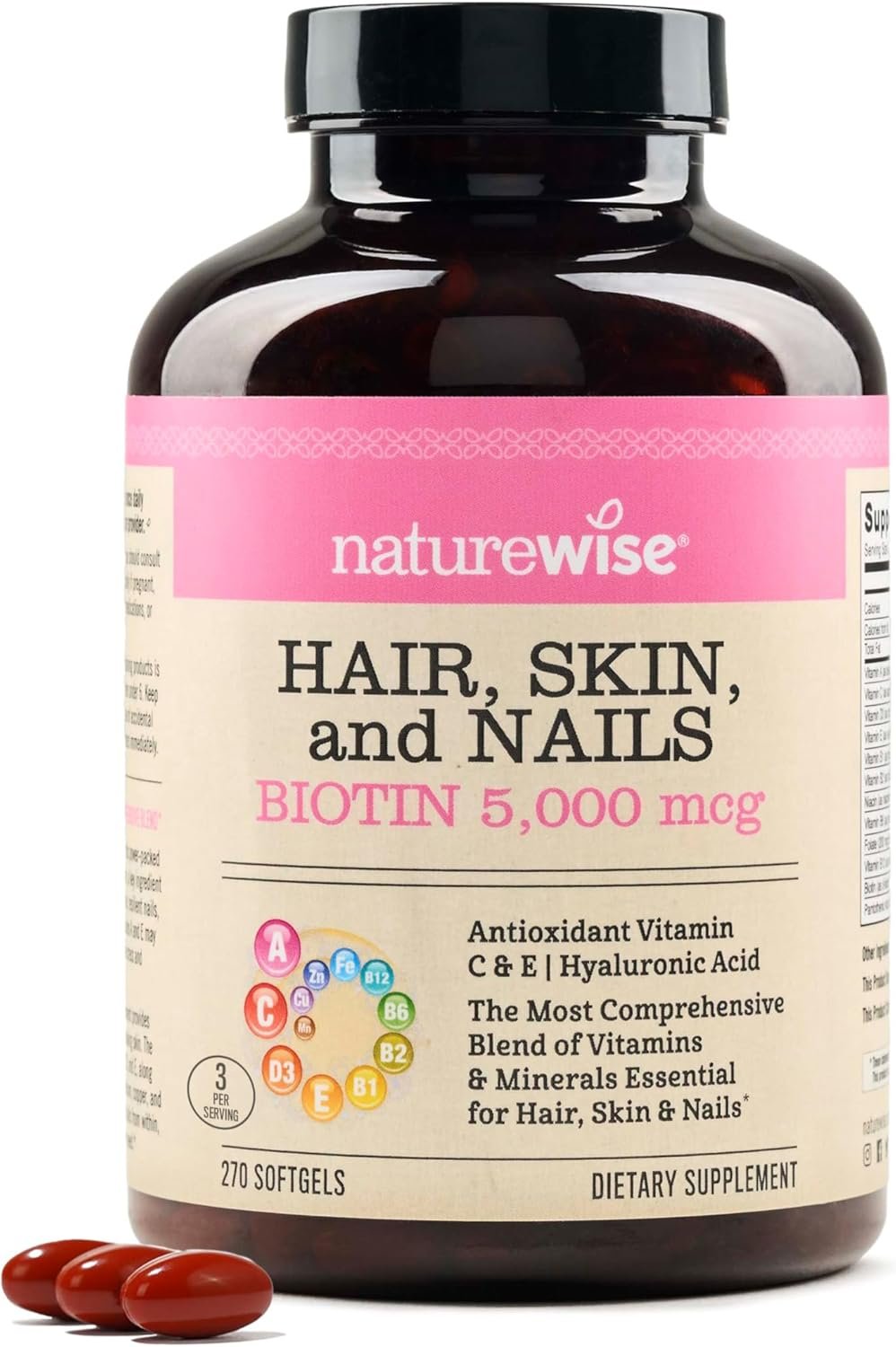 NatureWise Hair Skin and Nails Vitamin, Biotin 5000mcg w/Hyaluronic Acid, Collagen for Women with C, B Complex, D3, A, E, Iron – Non-GMO, Gluten Free – 270 Softgels[3-Month Supply]