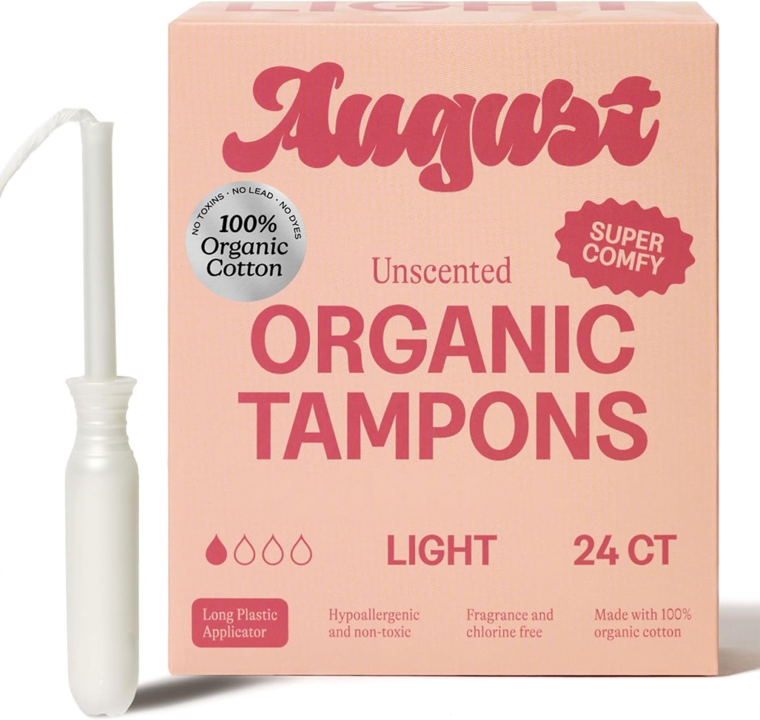August Light Tampons – 24-Pack 100% Organic Cotton Tampons for Women, Non-Toxic, Fragrance-Free, and Hypoallergenic with Long Applicators