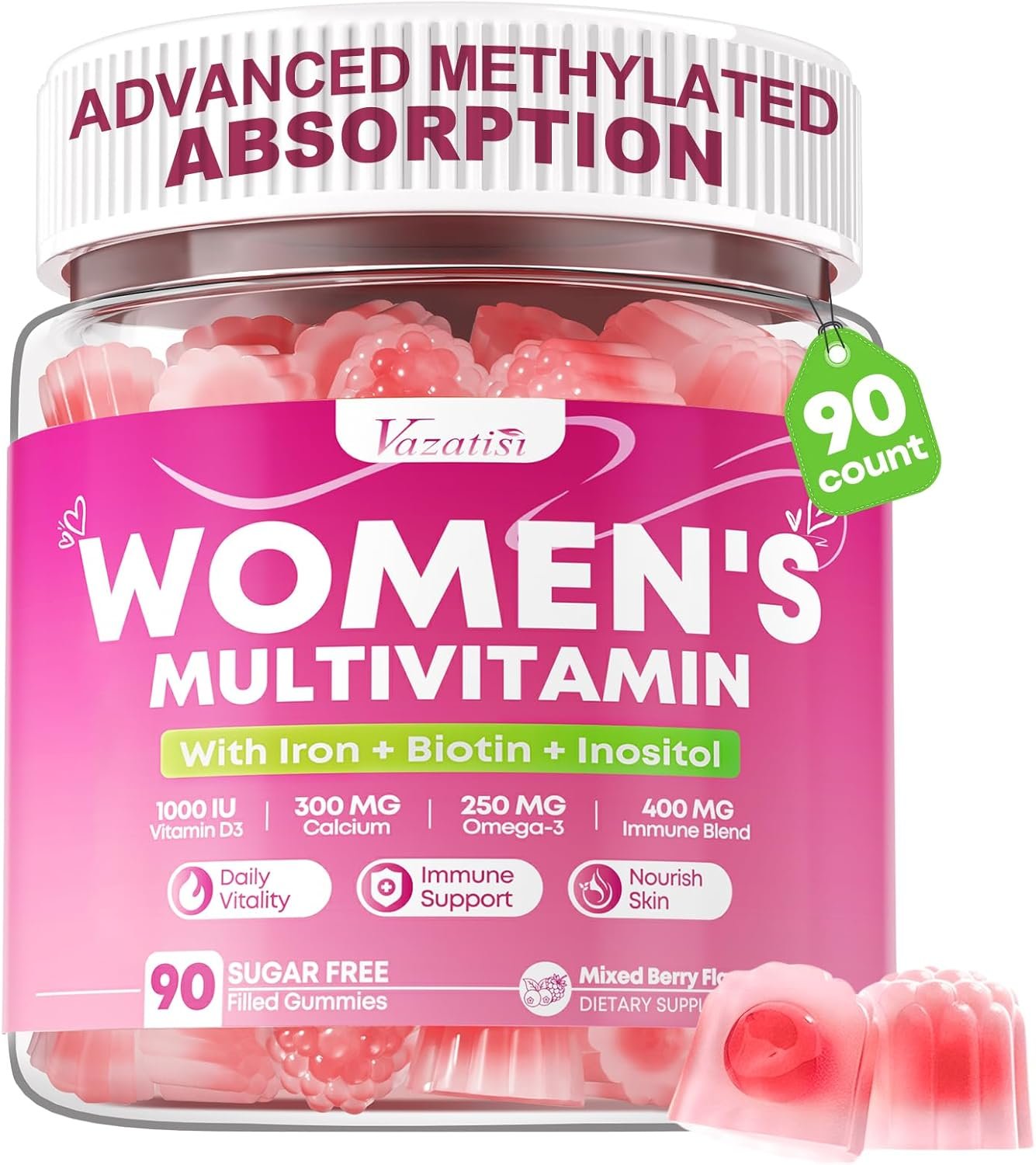 90 Count Womens Multivitamin Gummy, Methylated Multivitamin for Women with Iron, Biotin, Vitamins A, C, E, D3, K2 and B Complex for Beauty, Immune, Hair & Skin, Vegan, Sugar Free, Mixed Berry Flavor