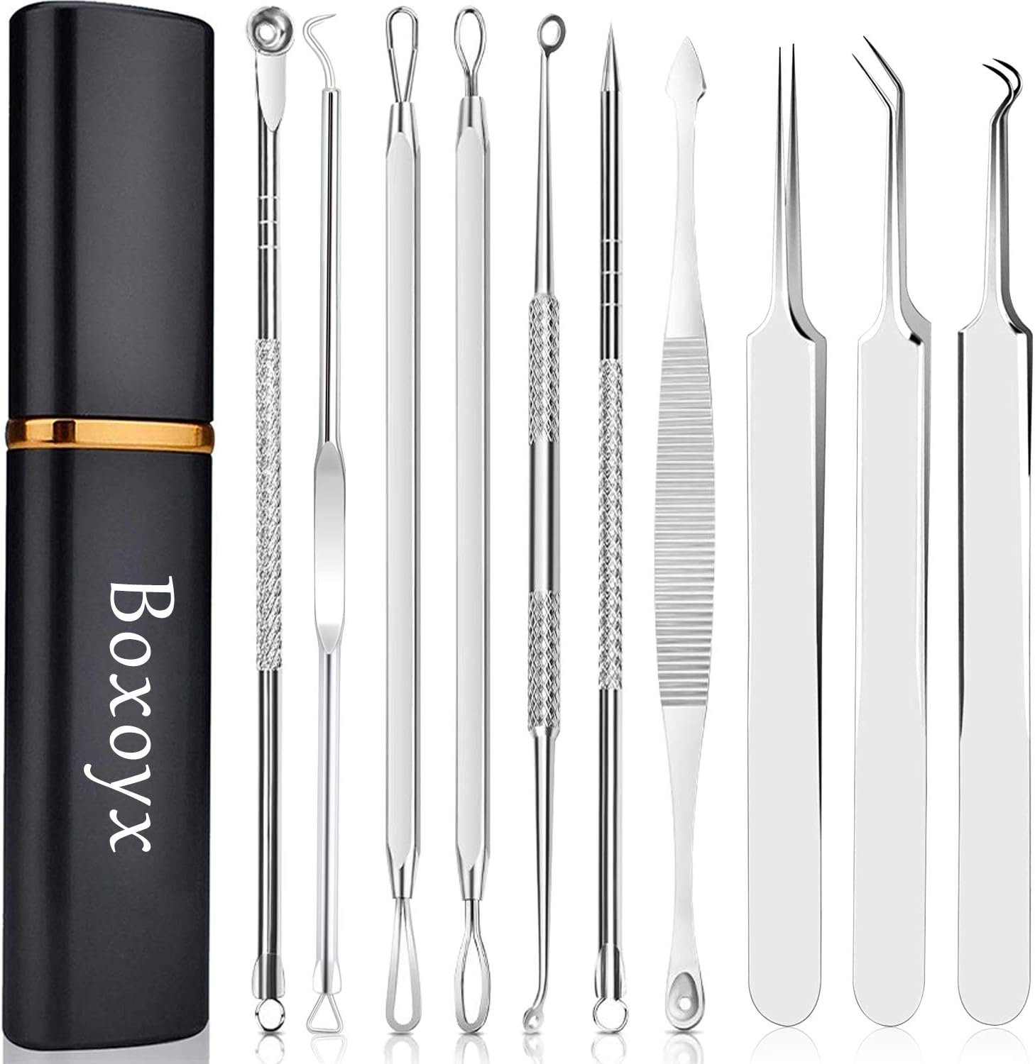 Pimple Popper Tool Kit – Boxoyx 10 Pcs Blackhead Remover Comedone Extractor Kit with Metal Case for Quick and Easy Removal of Pimples, Blackheads, Zit Removing, Forehead,Facial and Nose(Silver)