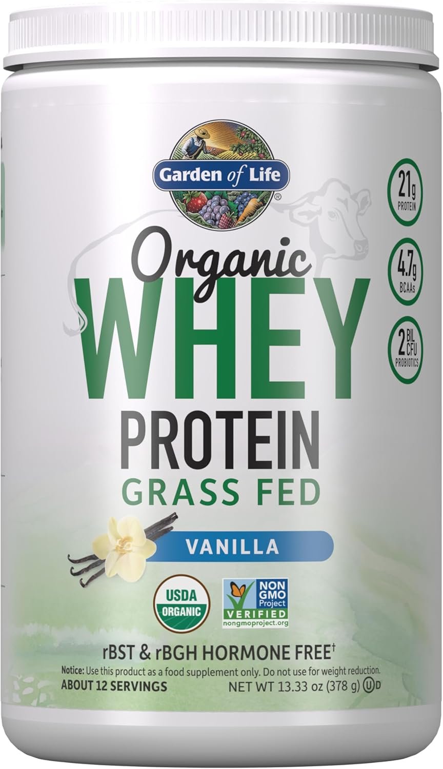 Garden of Life Grass Fed Whey Protein Powder Vanilla – 21g Protein for Women & Men + Probiotics – 12 Servings – Gluten Free, Non GMO, Kosher, Humane, RBST & rBGH Hormone Free