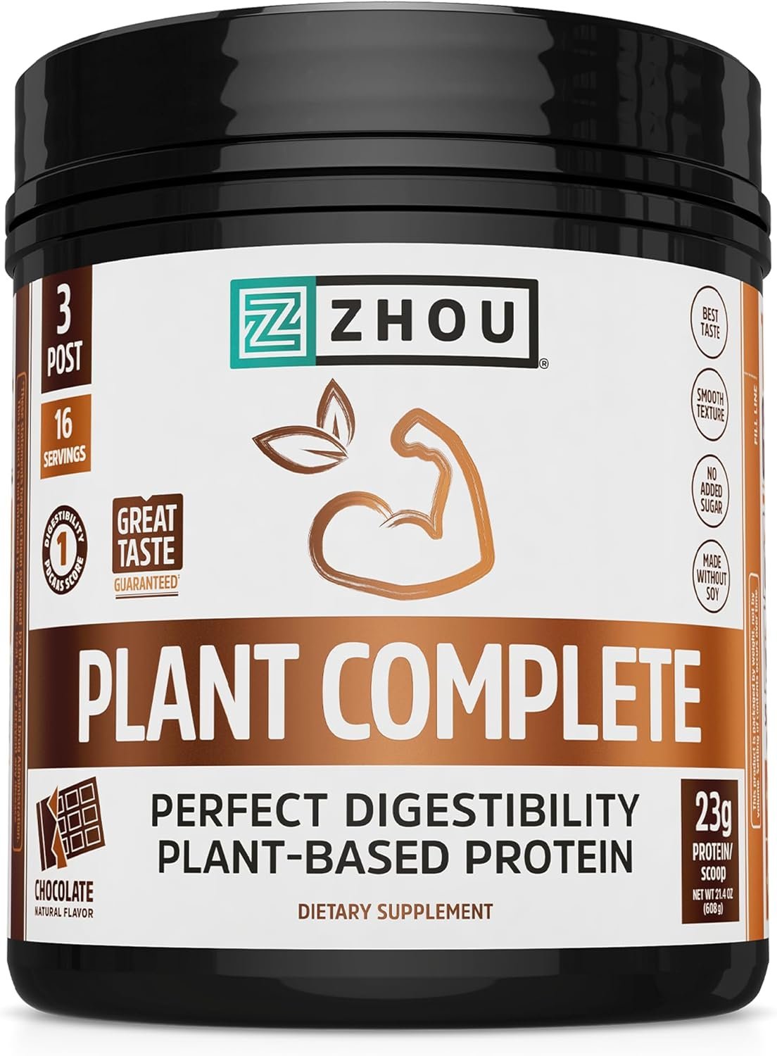 Zhou Plant Complete Vegan Protein Powder – Plant Based Protein Powder for Women & Men, Non Dairy Rice & Pea Blend for Smoothies & Shakes, 21g Protein Per Serving – Chocolate, 17.7oz (16 Servings)