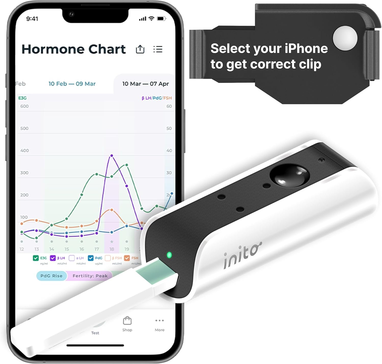Inito Fertility Monitor & Hormone Tracker for Women | Estrogen, LH, PdG (Urine Metabolite of progesterone), FSH | Track and Confirm Ovulation | Includes 15 Strips (Compatible with iPhone 15 Pro Max)