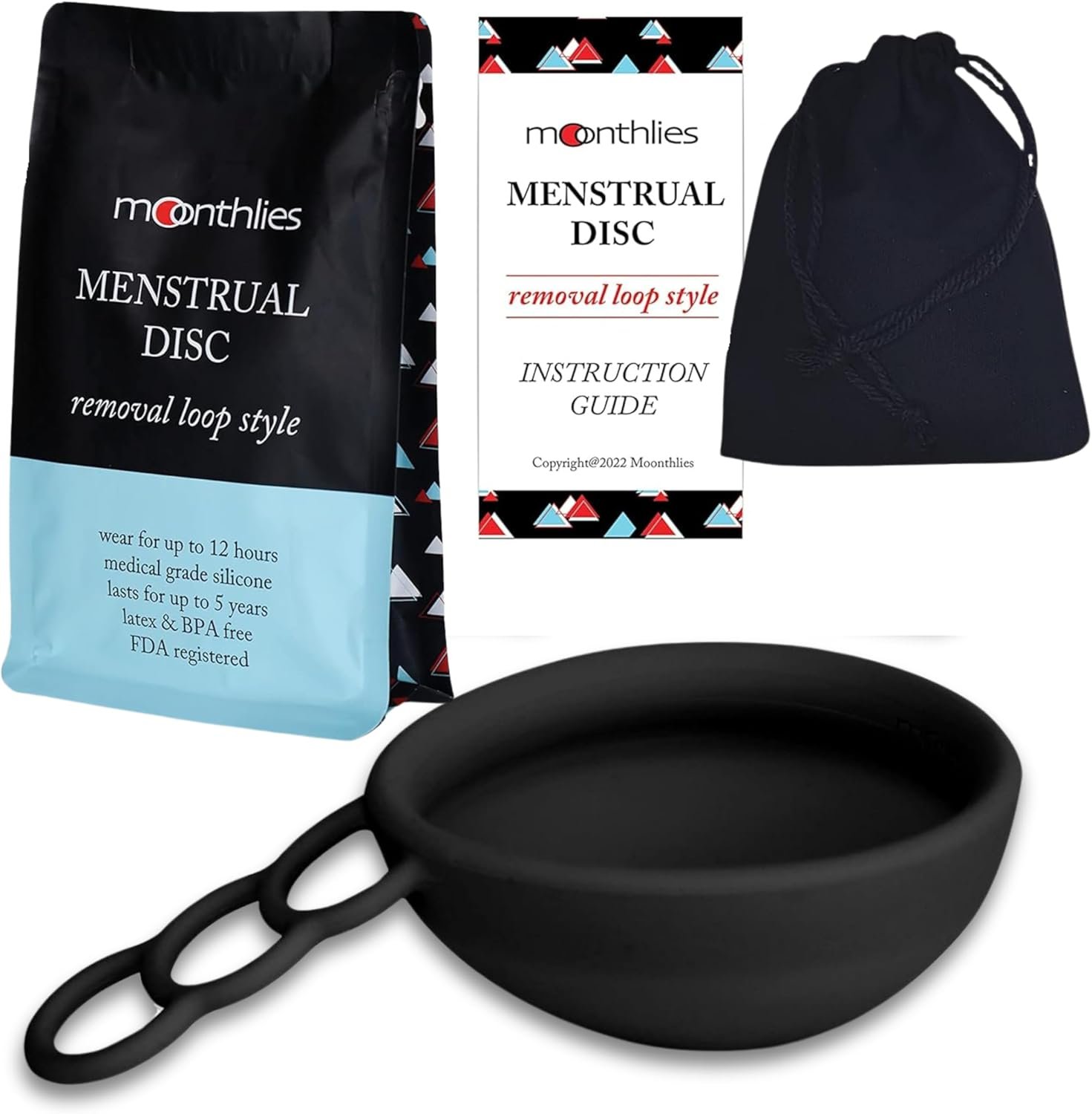 Reusable Menstrual Disc | Period Disc with Removal Loop Stem | Alternative to Menstrual Cups for Light or Heavy Flows | Sustainable Alternative to Tampons/Pads (1 Large, Black)