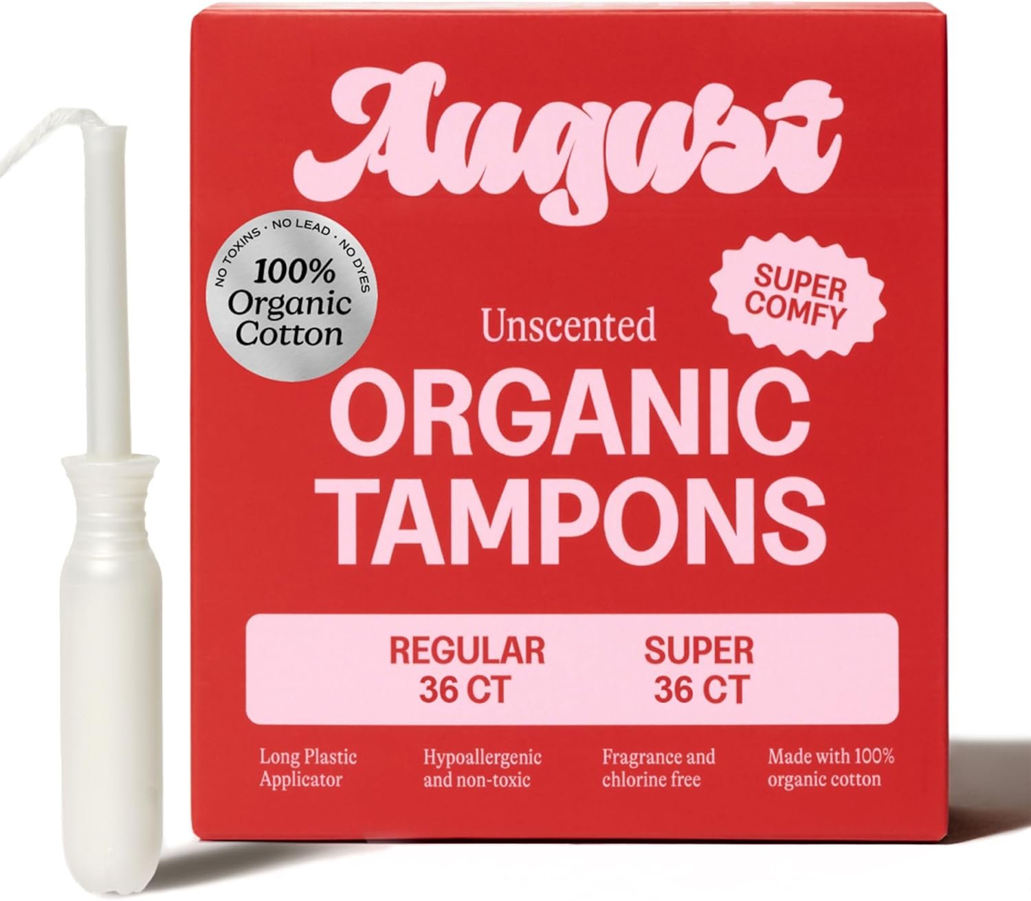August Regular and Super Tampons – 72-Pack (36 + 36) 100% Organic Cotton Tampons for Women, Non-Toxic, Fragrance-Free, and Hypoallergenic with Long Applicators