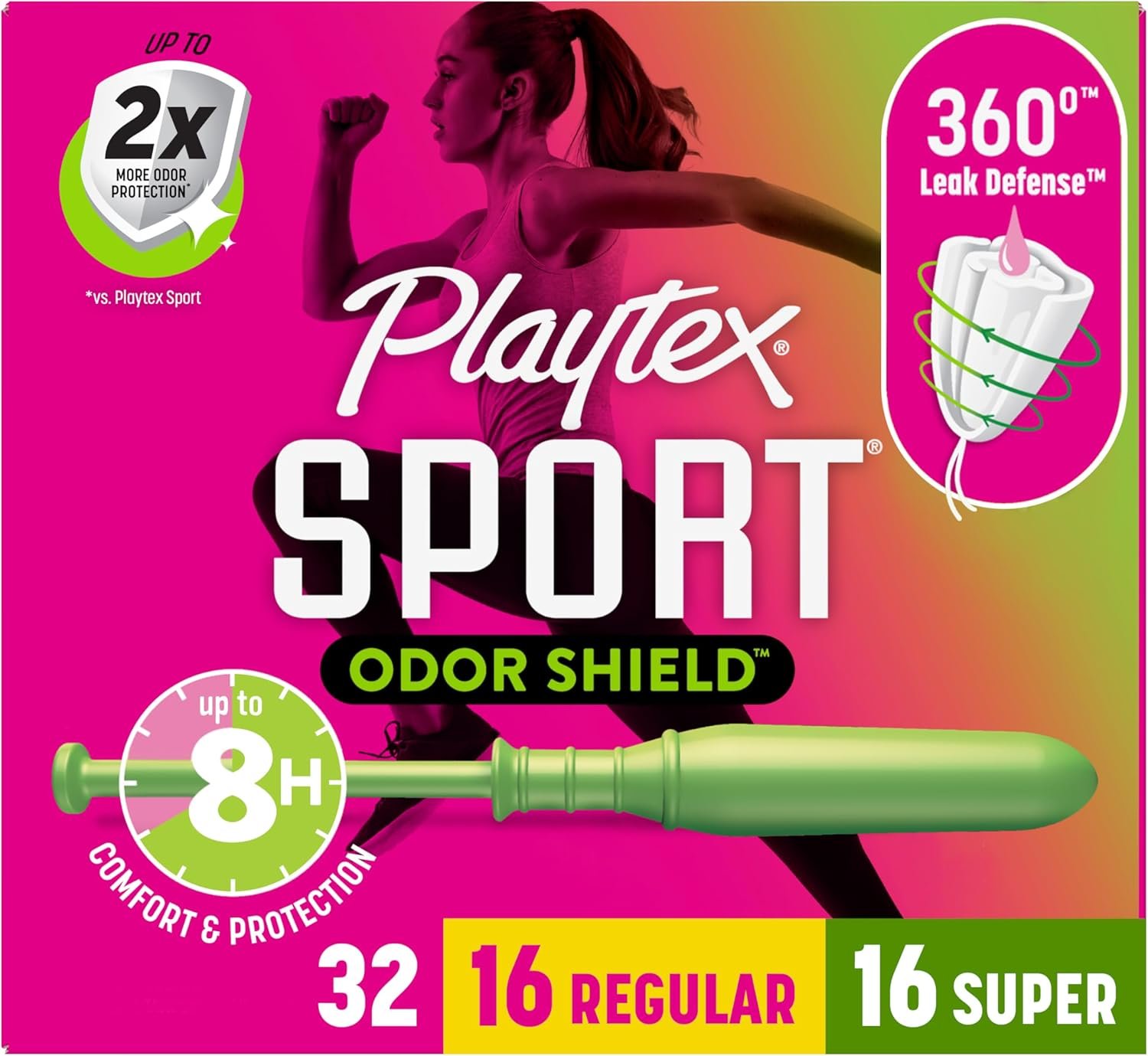 Playtex Sport Odor Shield Tampons Multipack (16ct Regular/16ct Super), Unscented – 32ct | Tampons Regular and Super, Playtex Tampon Multipack, Feminine Care with 360 Leak Defense