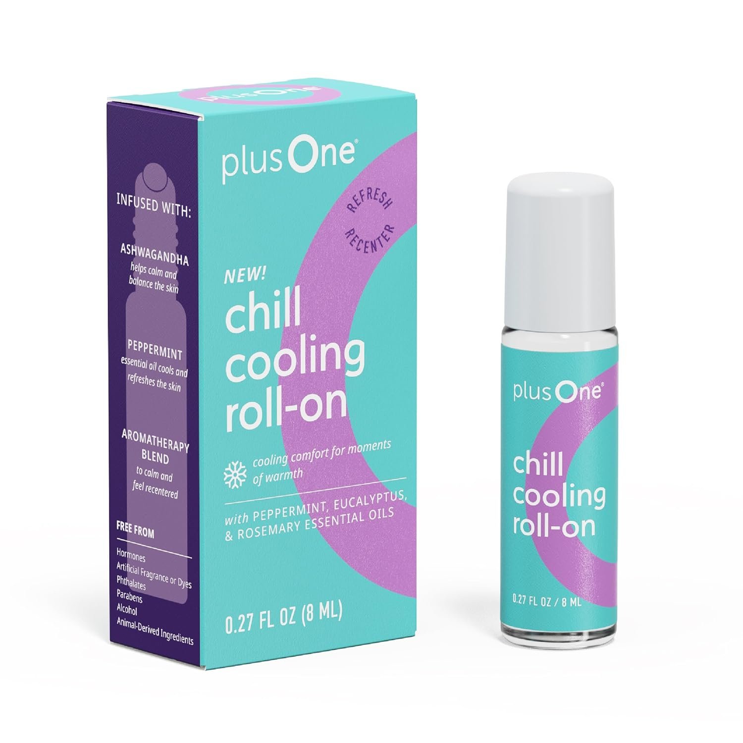 plusOne Chill Cooling Roll-On – Instant Hot Flash Support with Peppermint, Menthol & Ashwagandha – Aromatherapy Essential Oil Blend for Stress & Cooling Refreshment – 0.33 fl oz