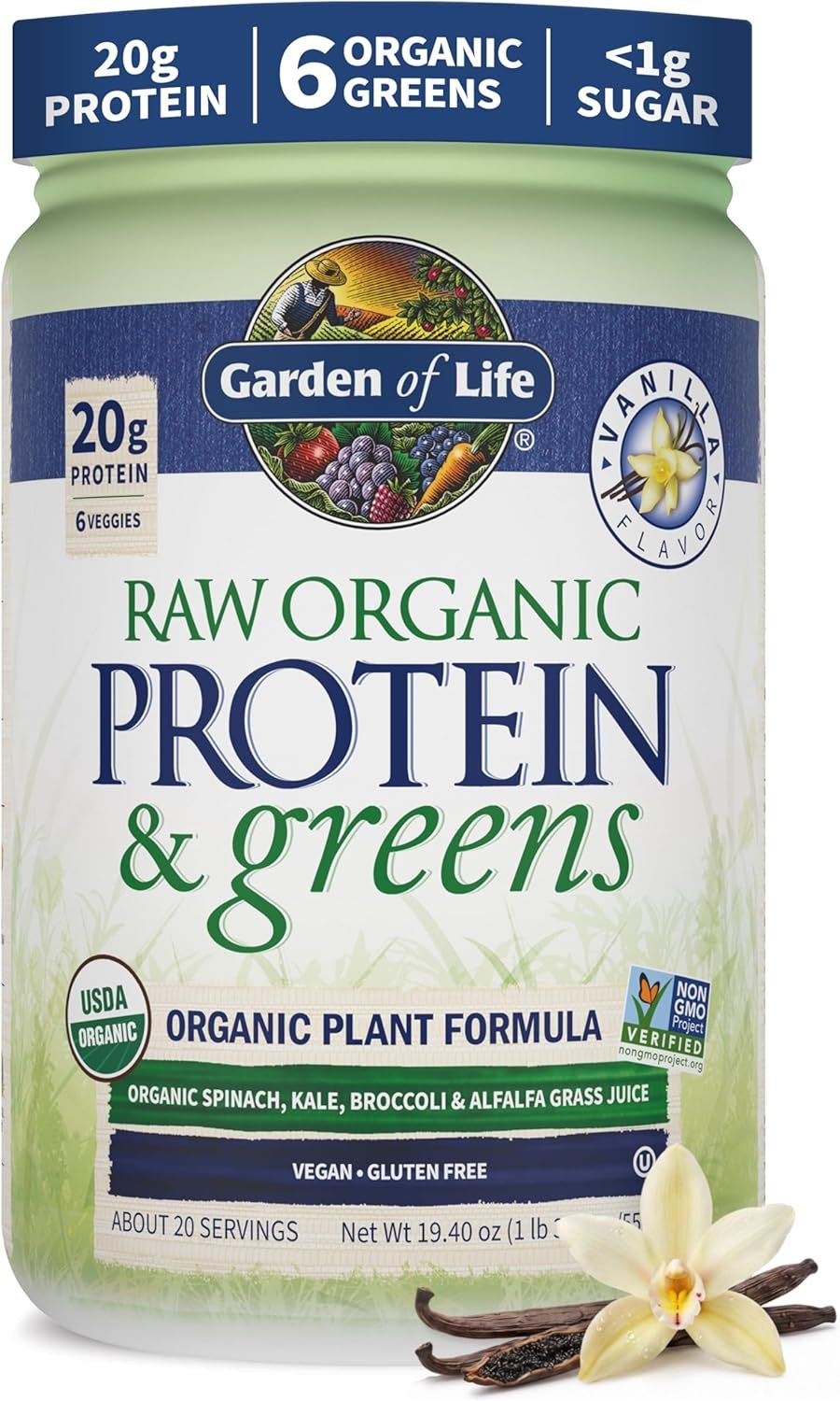 Garden of Life Raw Protein & Greens Vanilla Protein Powder – 20g Plant Based Greens Powder, Probiotics & Enzymes, Post-Workout Recovery, Vegan, Gluten-Free, Non-GMO, 20 Servings