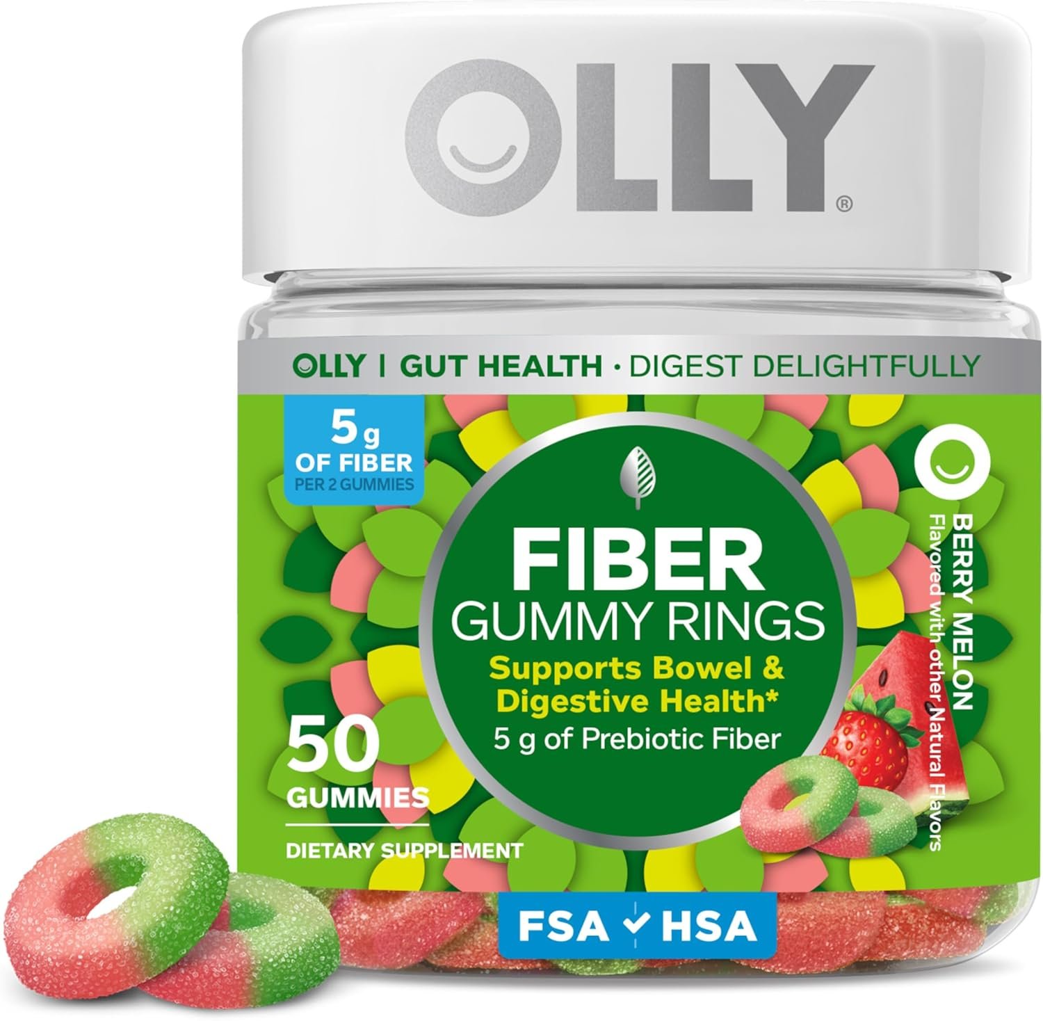Olly, Fiber Gummy Rings, 5g Fos Prebiotic Fiber, Digestive Health Supplement,* Strawberry Watermelon Flavored, 25 Day Supply, 50 Count