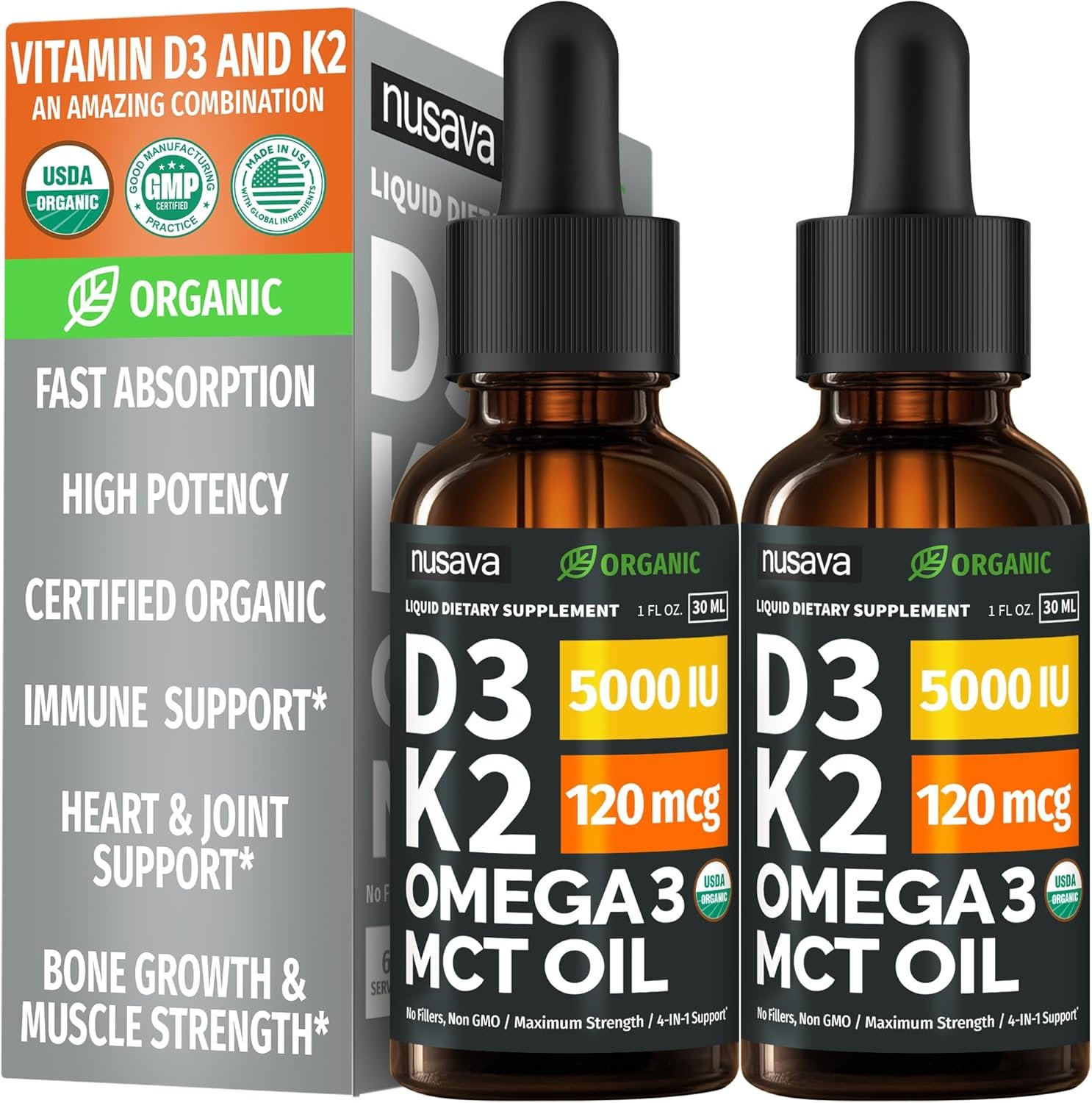 (2 Pack) Organic Vitamin D3 K2 Drops with MCT Oil & Omega 3 – Liquid Vitamin D3 5000 IU – K2 D3 Vitamin Supplement – Vitamin D Drops for Women & Men – No Fillers, Non-GMO, GMP, Unflavored (2 Fl Oz)