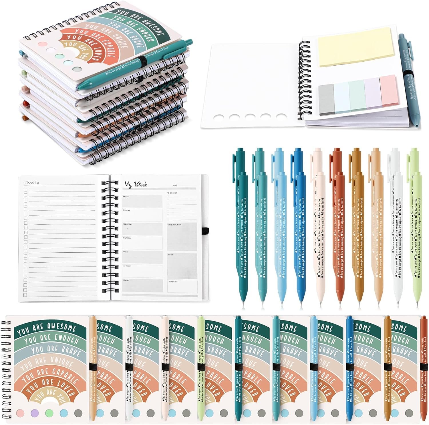 20 Pcs Mental Health Awareness Gifts Wellness Gifts Bulk Include 10 Mental Health Planners Journals with Sticky Notes 10 Positive Affirmation Pens Self Care Item for Coworker Teacher Student