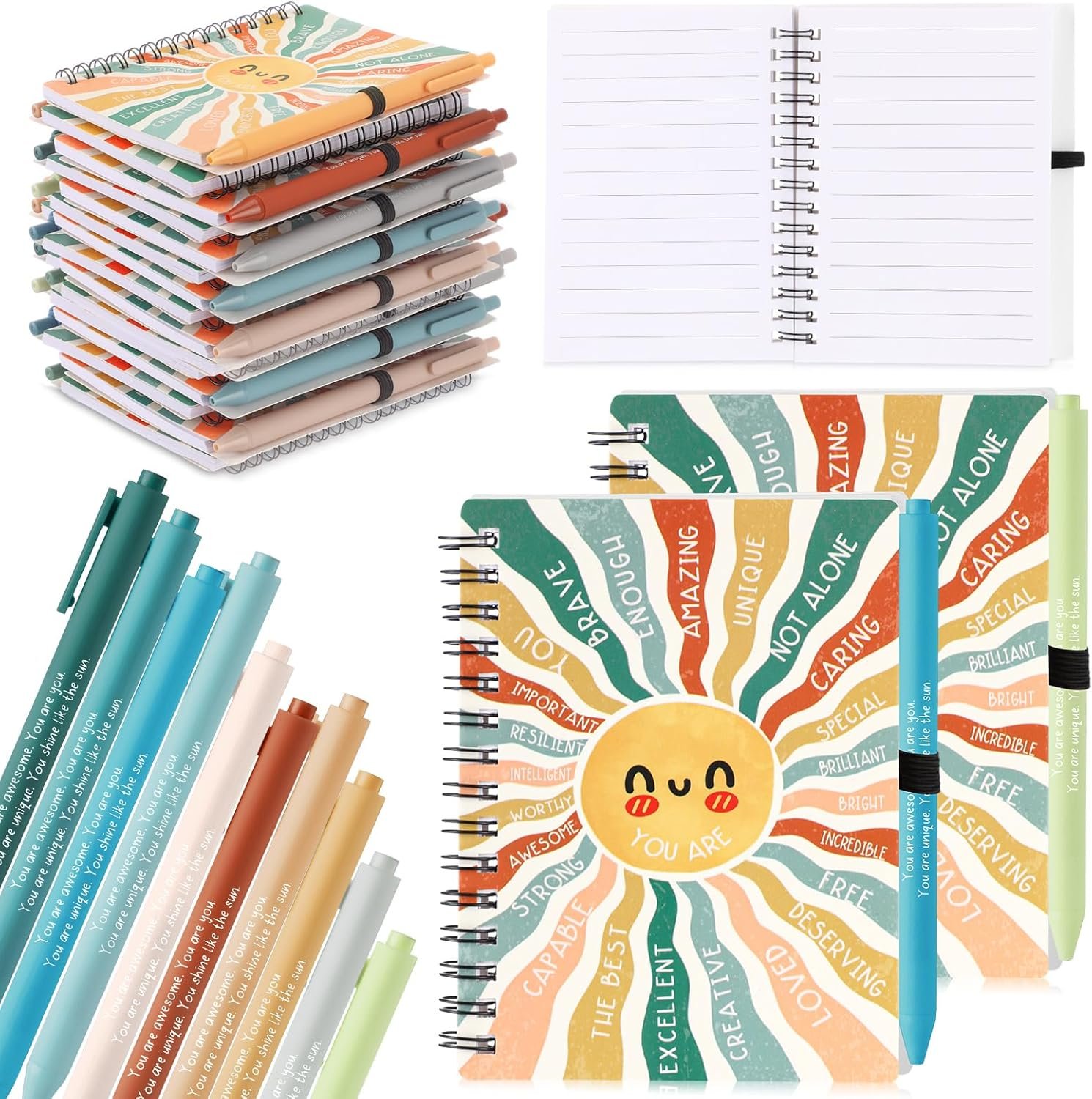 Thenshop 80 Pcs Mental Health Awareness Gifts Bulk 40 Self Care Notebook Journals 40 Positive Affirmation Pens for Women Office Staff Nurse Teacher Appreciation Student End of Year Gifts (Sunshine)