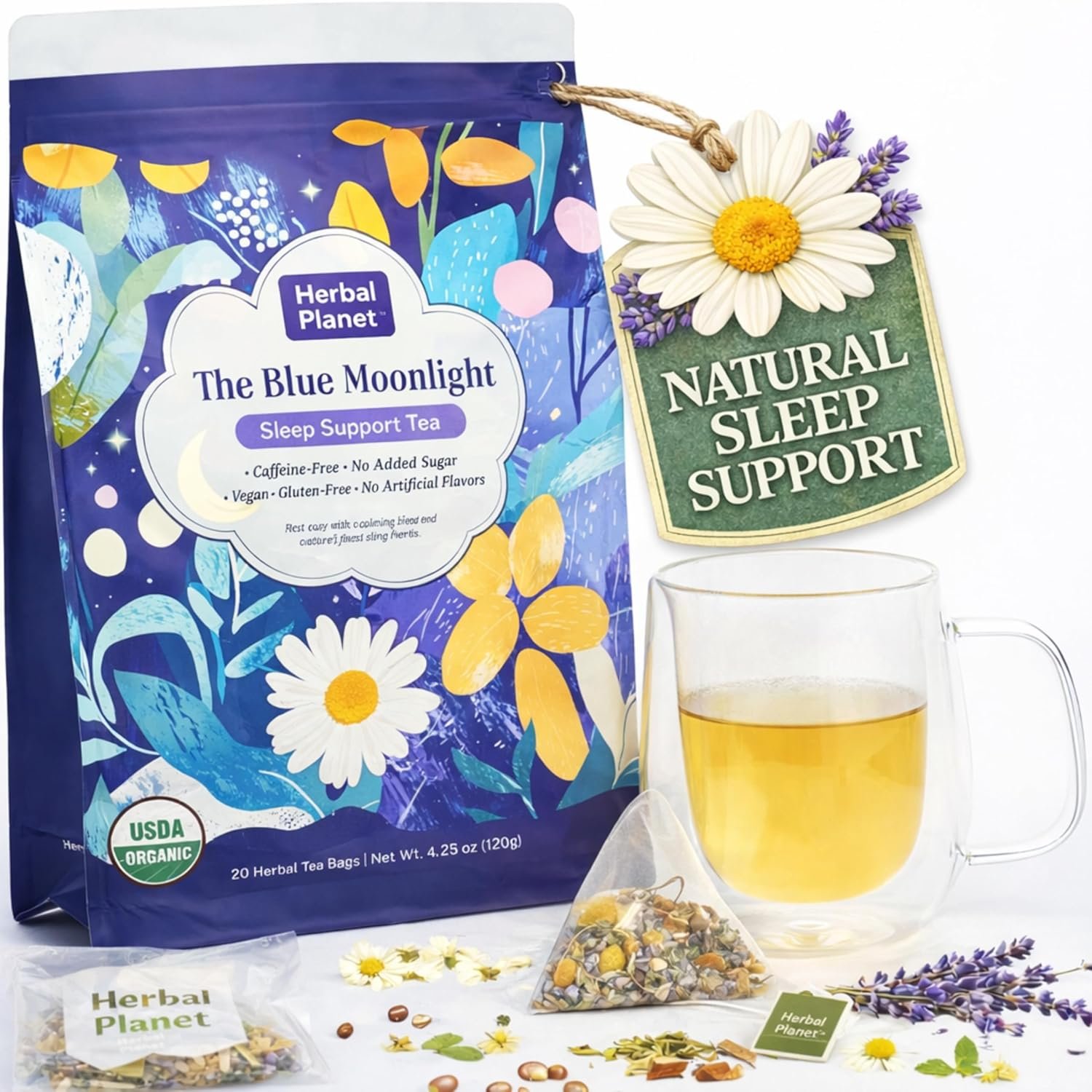 Herbal Planet Sleep Tea – Bedtime & Nighttime Relaxation Blend, Caffeine-Free | Calming Chamomile, Lavender & Mint | 20 Tea Bags (4.23oz / 120g)