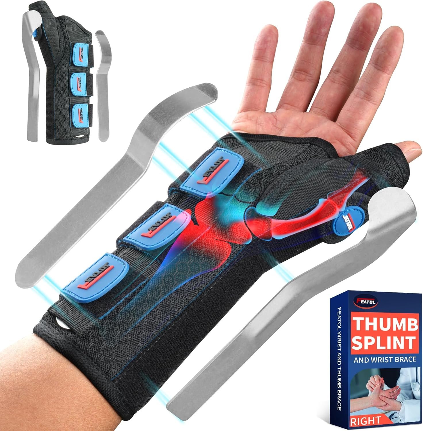 FEATOL Carpal Tunnel Wrist Brace Night Support, Thumb Spica Splint Right Hand for De Quervains Tenosynovitis, Tendonitis, Thumb Brace for Women Men, Black Blue, Large/XLarge