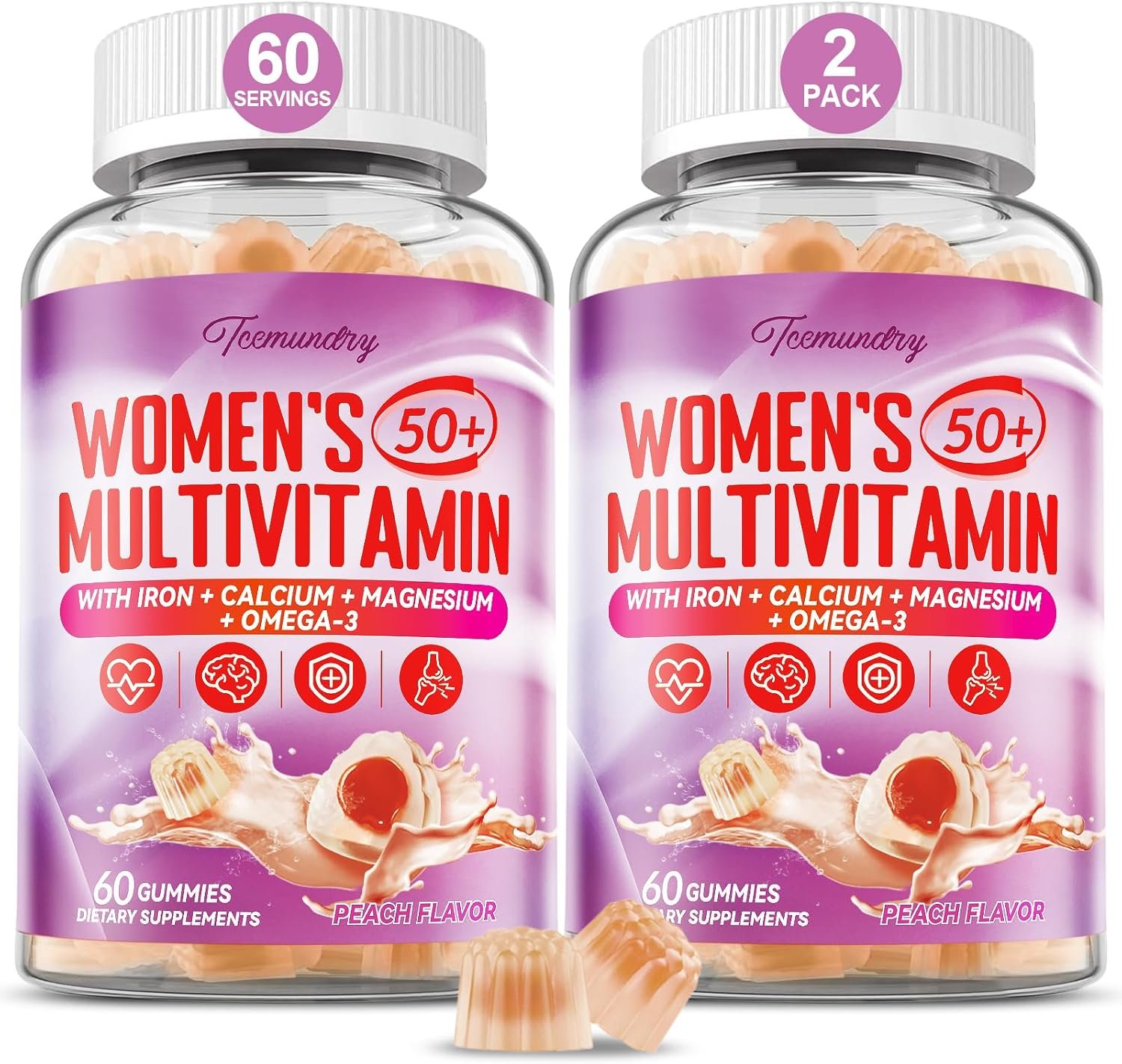 Multivitamin Gummies for Women 50 Plus – with Omega 3, Coenzyme Q10, Iron, Calcium, Zinc, Vitamin A, C, D3, E, K2, B Complex, Folate – Multi Vitamins & Minerals for Energy, Beauty, Immune, Pack of 2