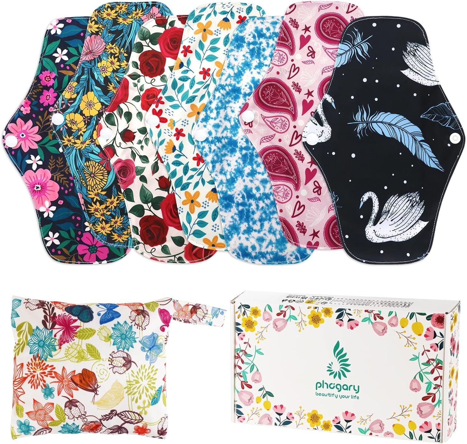 PHOGARY Reusable Menstrual Pads, Bamboo Cloth Pads for Heavy Flow with Wet Bag, Large Sanitary Pad Set with Wings for Women, Washable Overnight Cloth Panty Liners Period Pad (7 in 1, 25.4cm 4 Layers)