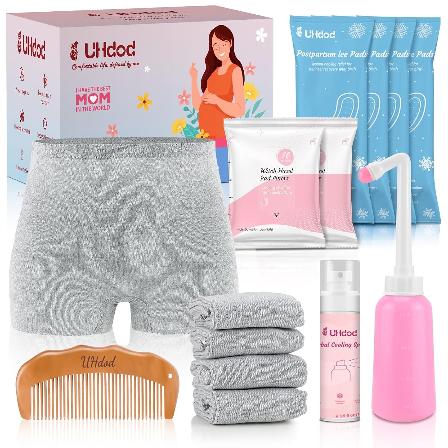 UHdod Postpartum Essentials Kit, Postpartum Care Recovery Kit for New Mom Labor Delivery, Includes Disposable Underwear, Instant Ice Pads, Cooling Spray, Soothing Liners, Peri Bottle, Birthing Comb