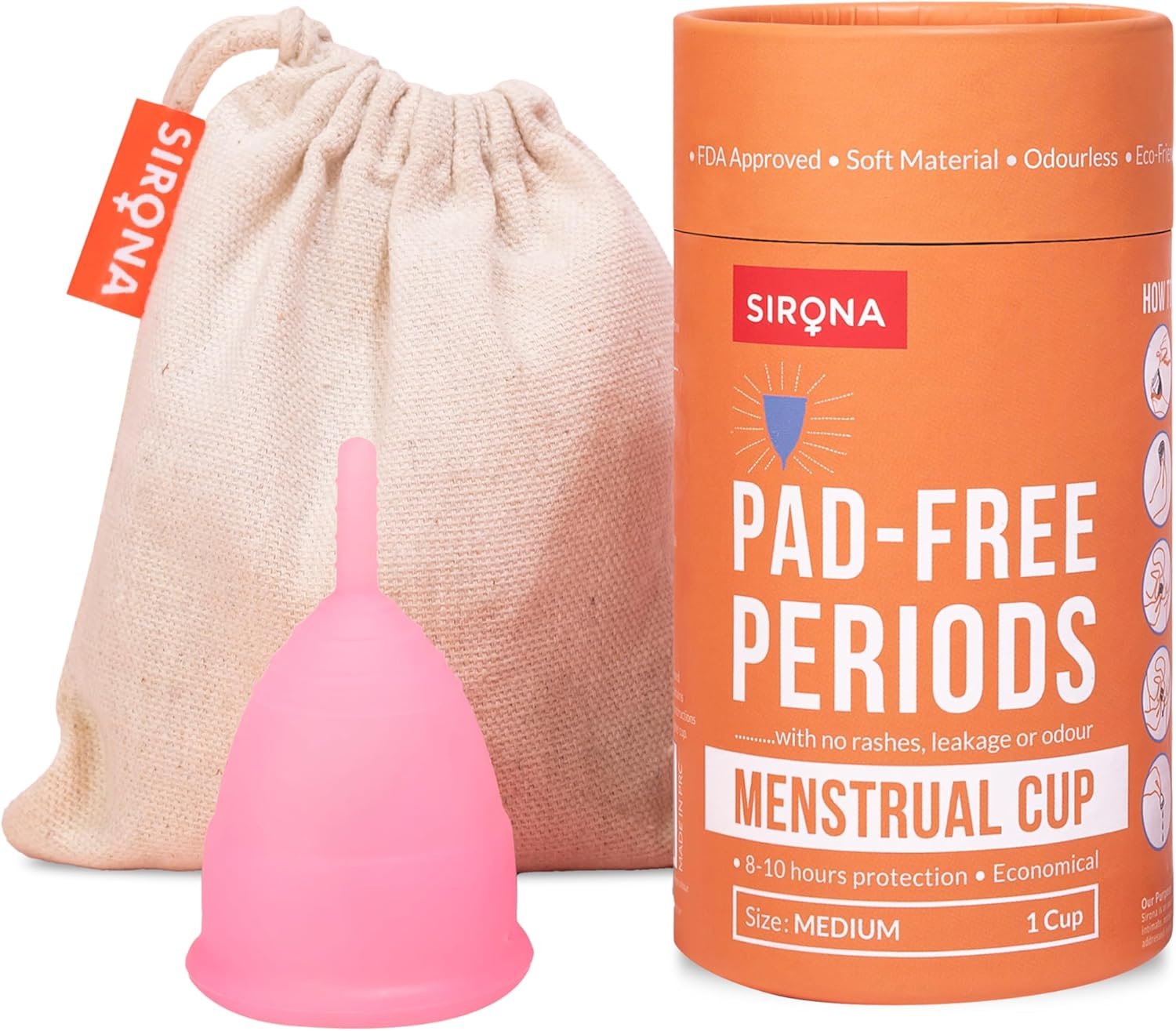 Sirona Reusable Menstrual Cup – Medium Size | Ultra-Soft, Odor-Free, Rash-Free Medical-Grade Silicone with Pouch | Leak-Proof Period Cup for Heavy & Light Flow | Tampon & Pad Alternative | Pack of 1