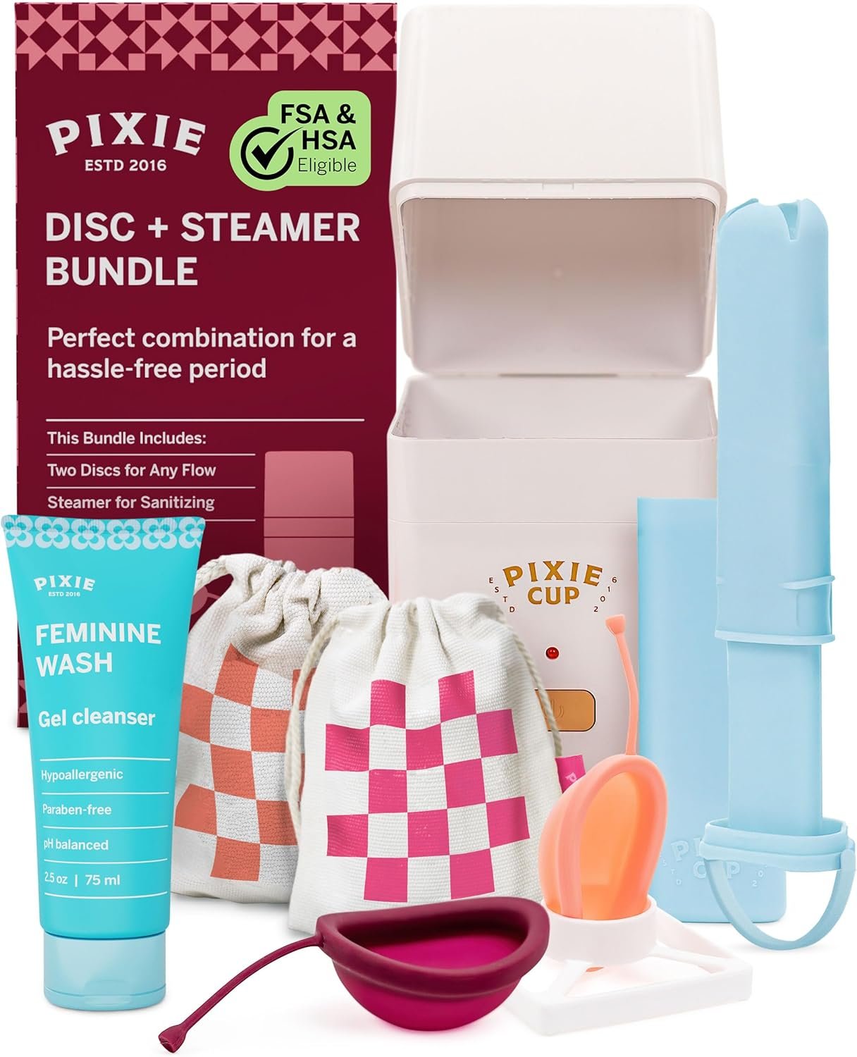 Pixie Menstrual Disc Collection – 2 Reusable Period Discs with Applicator, Sterilizer, Feminine Wash & Totes for Feminine Care, Tampon-Style Insertion – All-in-One Easy Period Solution